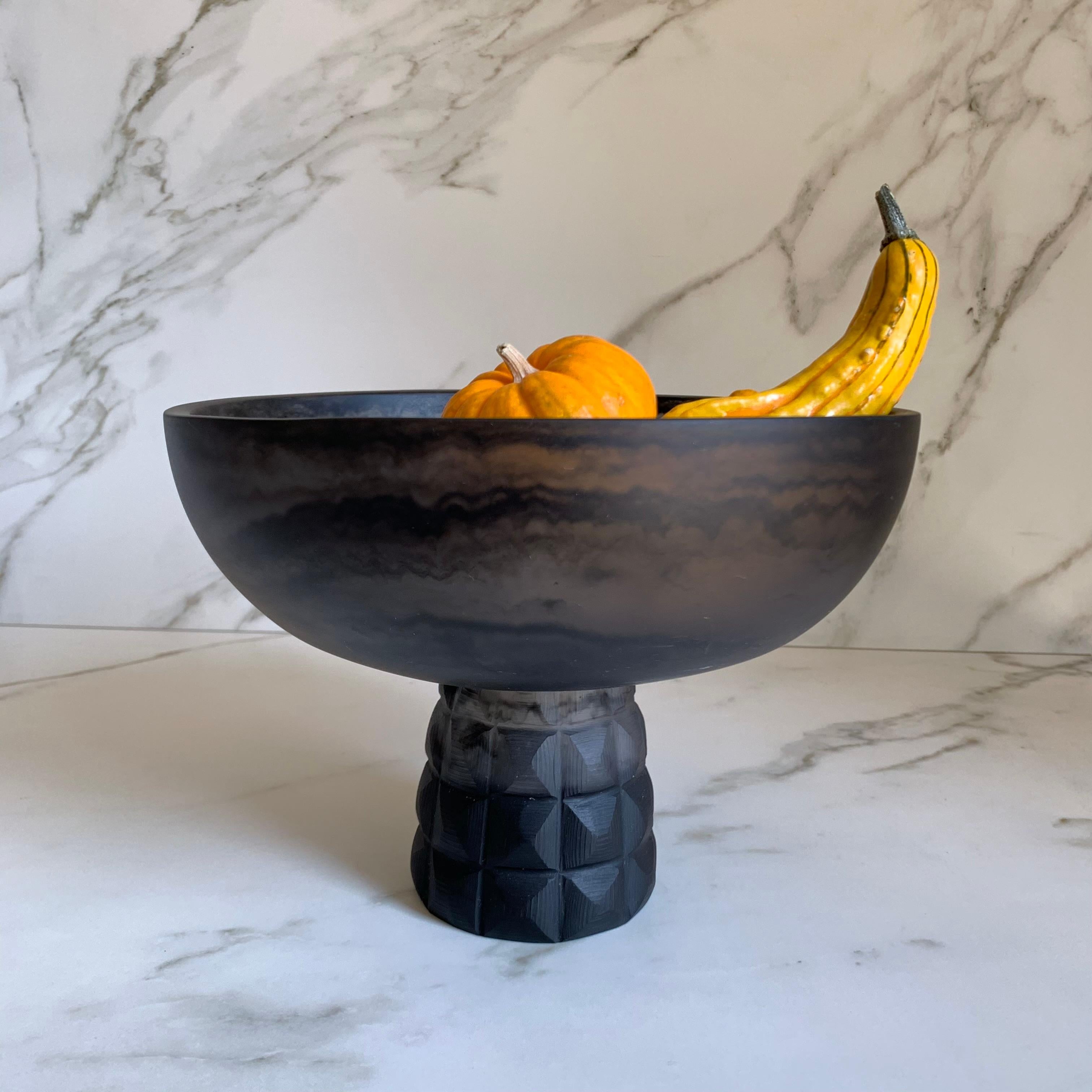 Mexican Geometric Pedestal Bowl in Smoke and Black Marbled Resin by Paola Valle For Sale