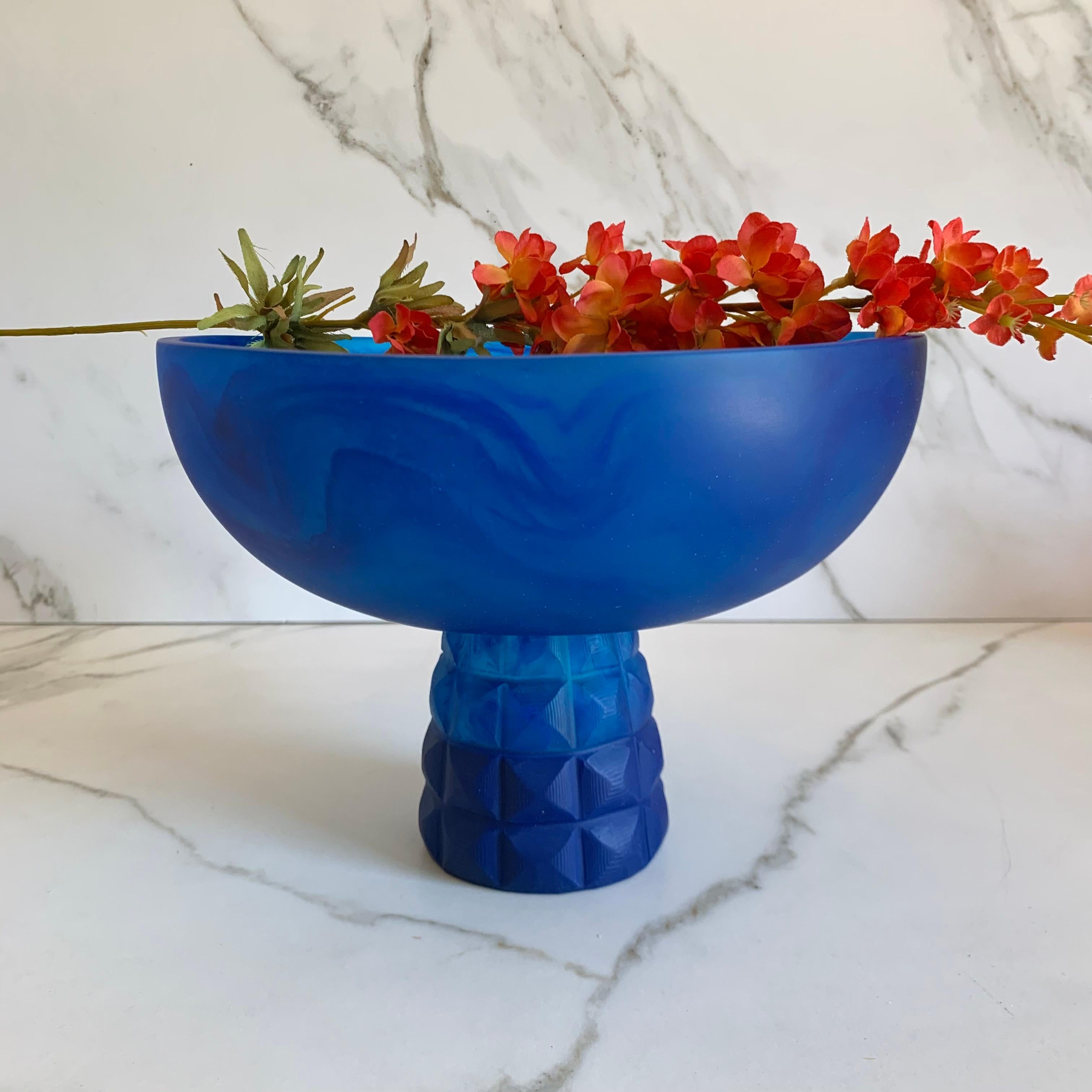 Mexican Geometric Pedestal Bowl in Blue Marbled Resin by Paola Valle For Sale