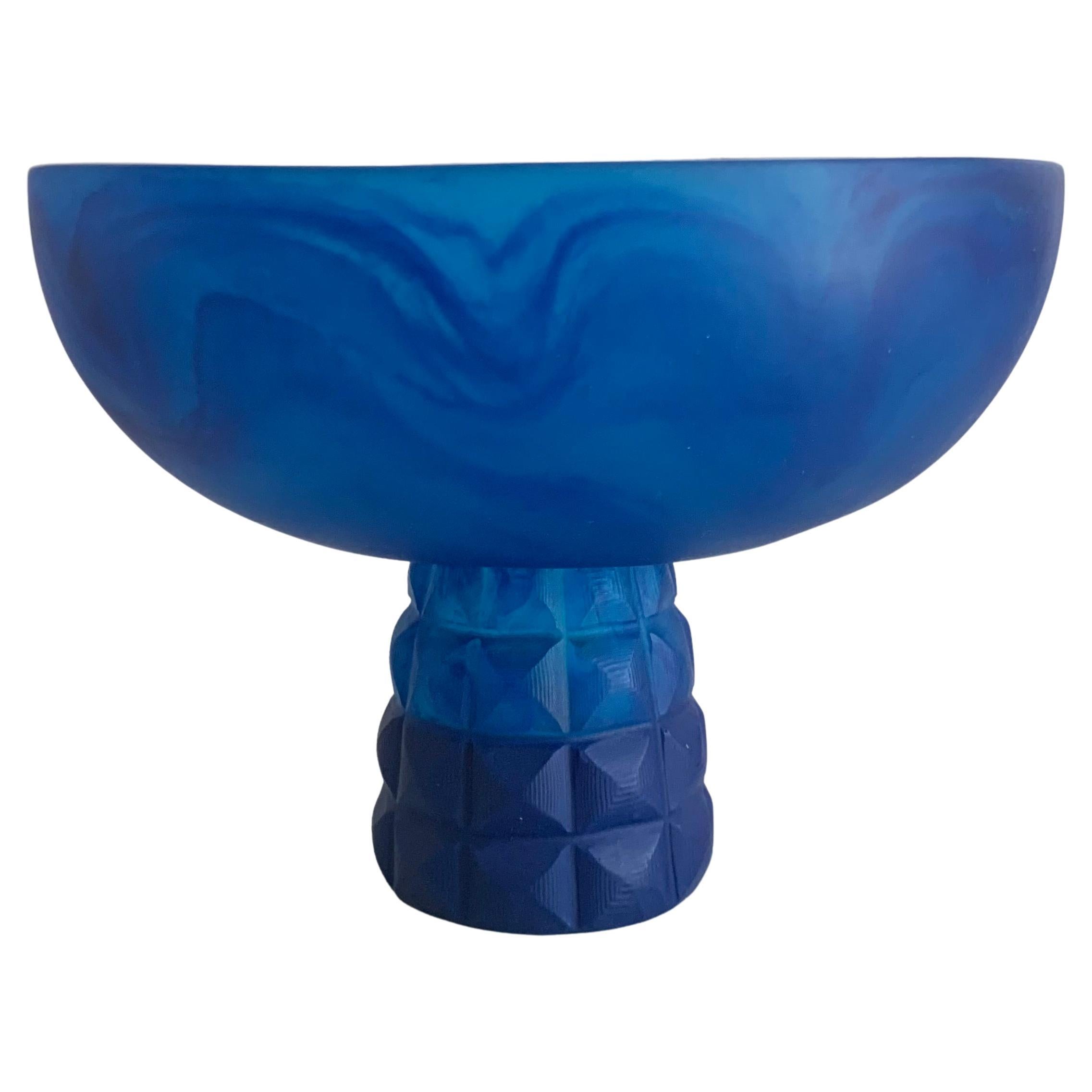 Geometric Pedestal Bowl in Blue Marbled Resin by Paola Valle