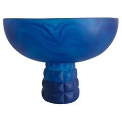 Geometric Pedestal Bowl in Blue Marbled Resin by Paola Valle