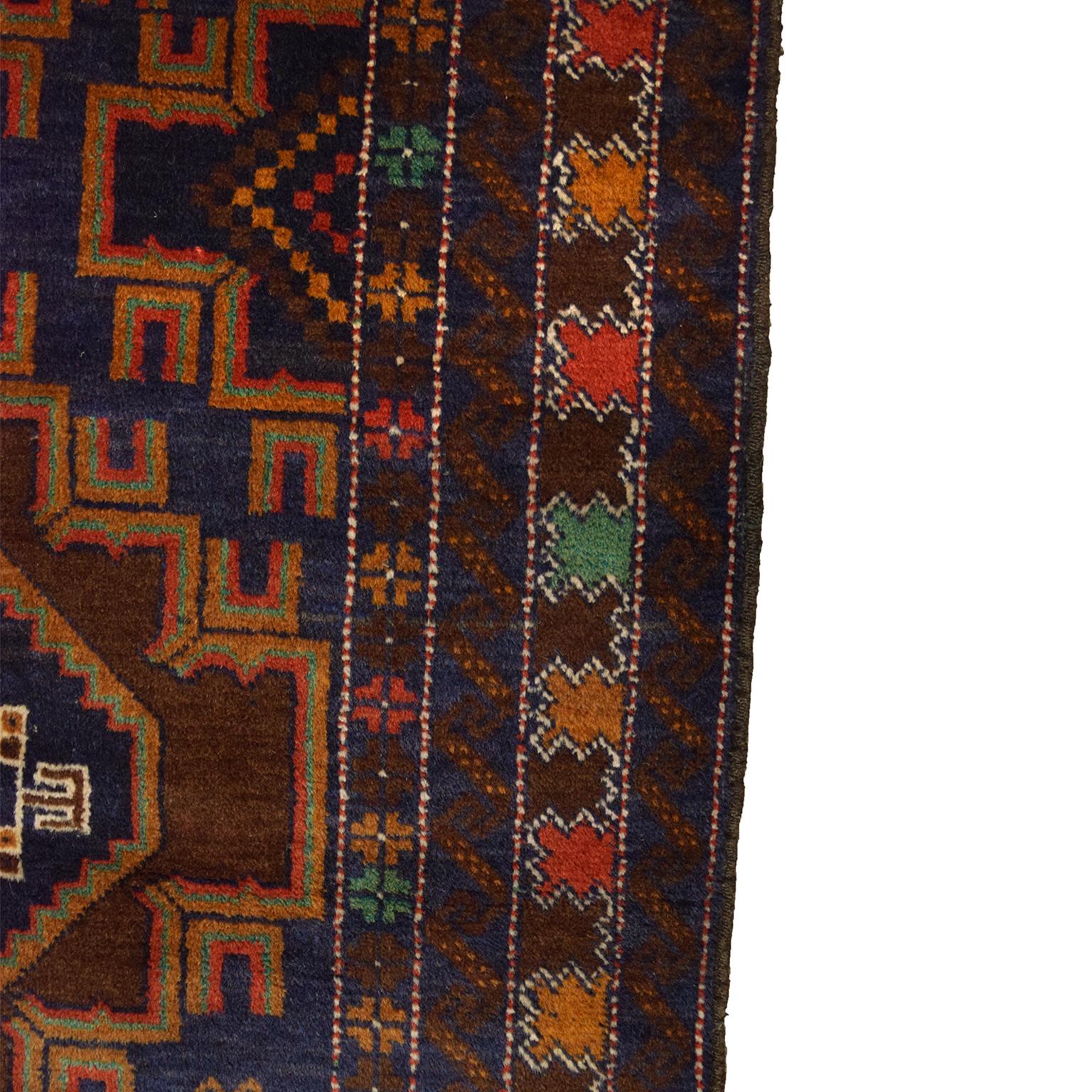 Persischer Balouchi-Teppich aus Wolle, geometrisch, mit Medaillons, 3' x 5' (Stammeskunst) im Angebot