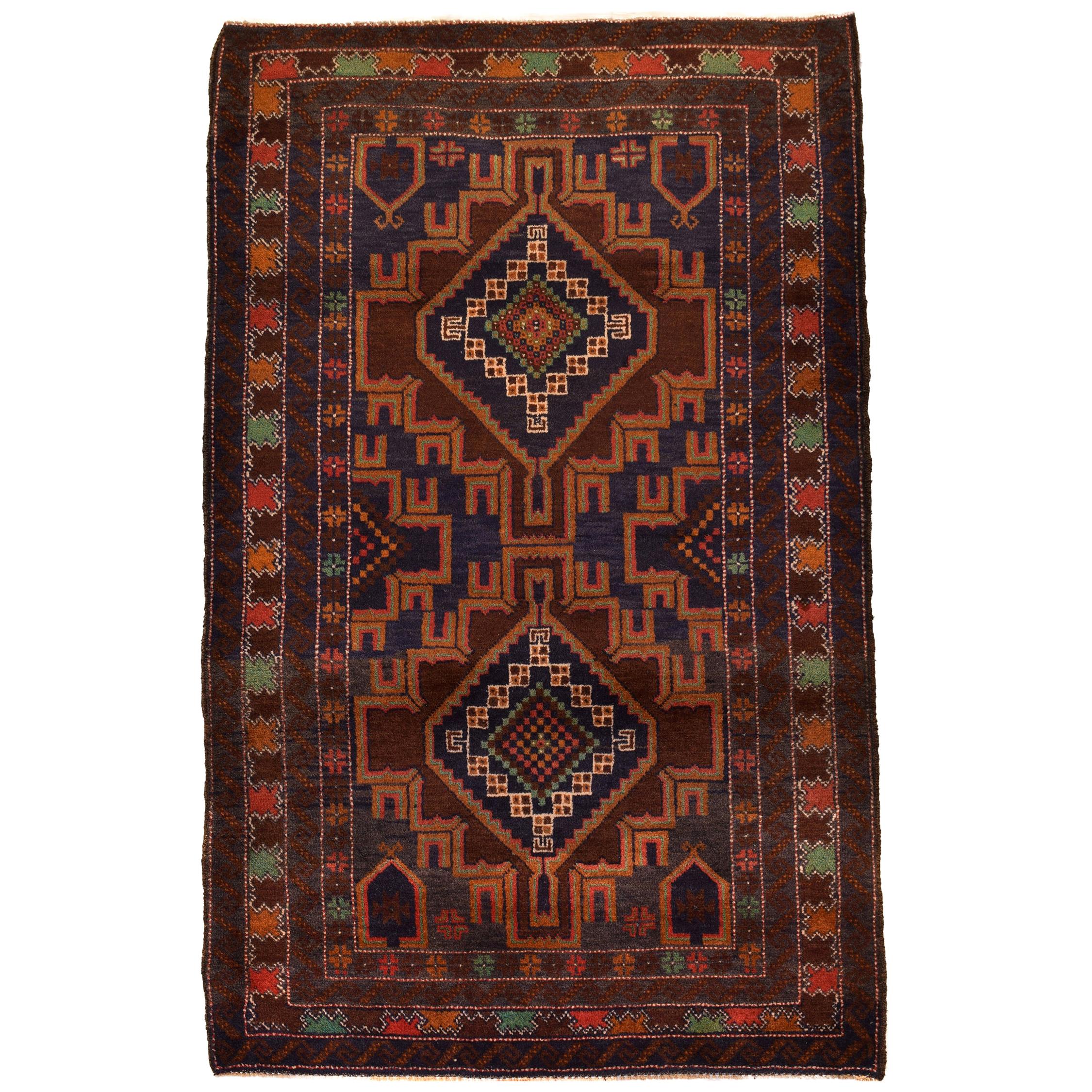 Persischer Balouchi-Teppich aus Wolle, geometrisch, mit Medaillons, 3' x 5'
