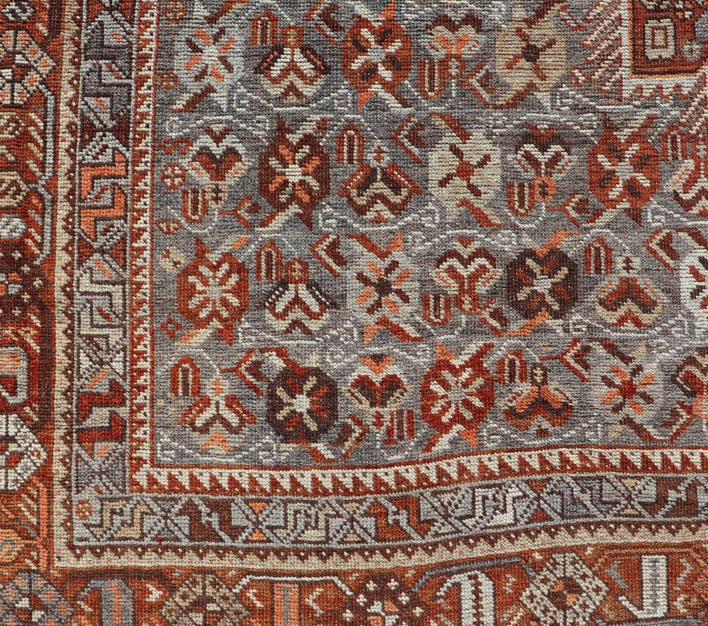 Tribal Geometric Persian Shiraz Rug with Tri-Medallion Design in Shades Orange, Blue For Sale