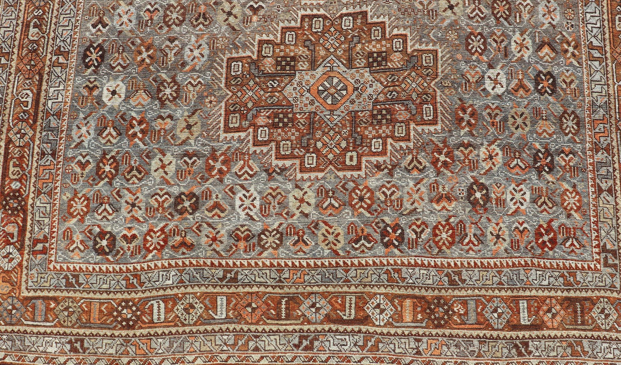Hand-Knotted Geometric Persian Shiraz Rug with Tri-Medallion Design in Shades Orange, Blue For Sale