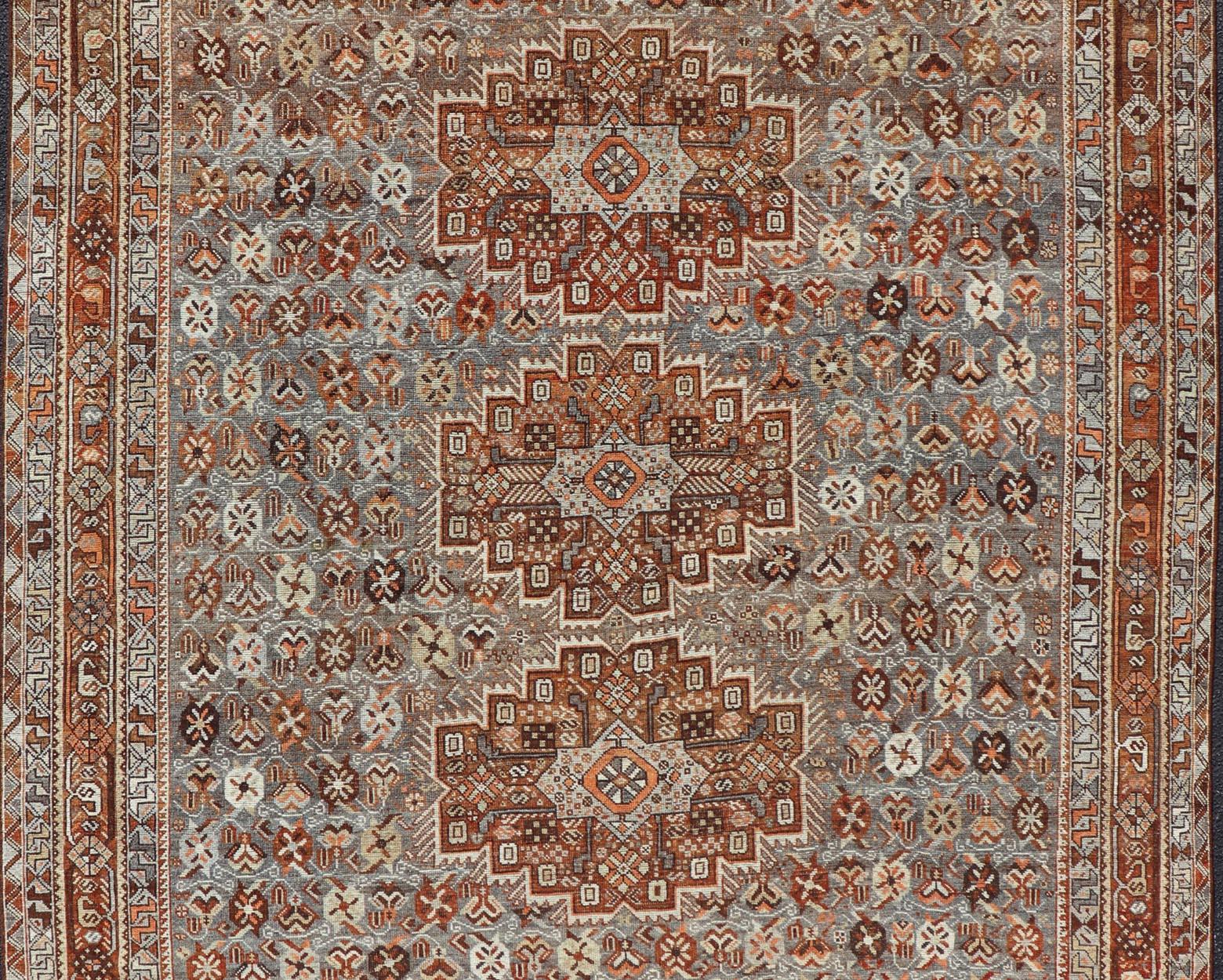 Wool Geometric Persian Shiraz Rug with Tri-Medallion Design in Shades Orange, Blue For Sale