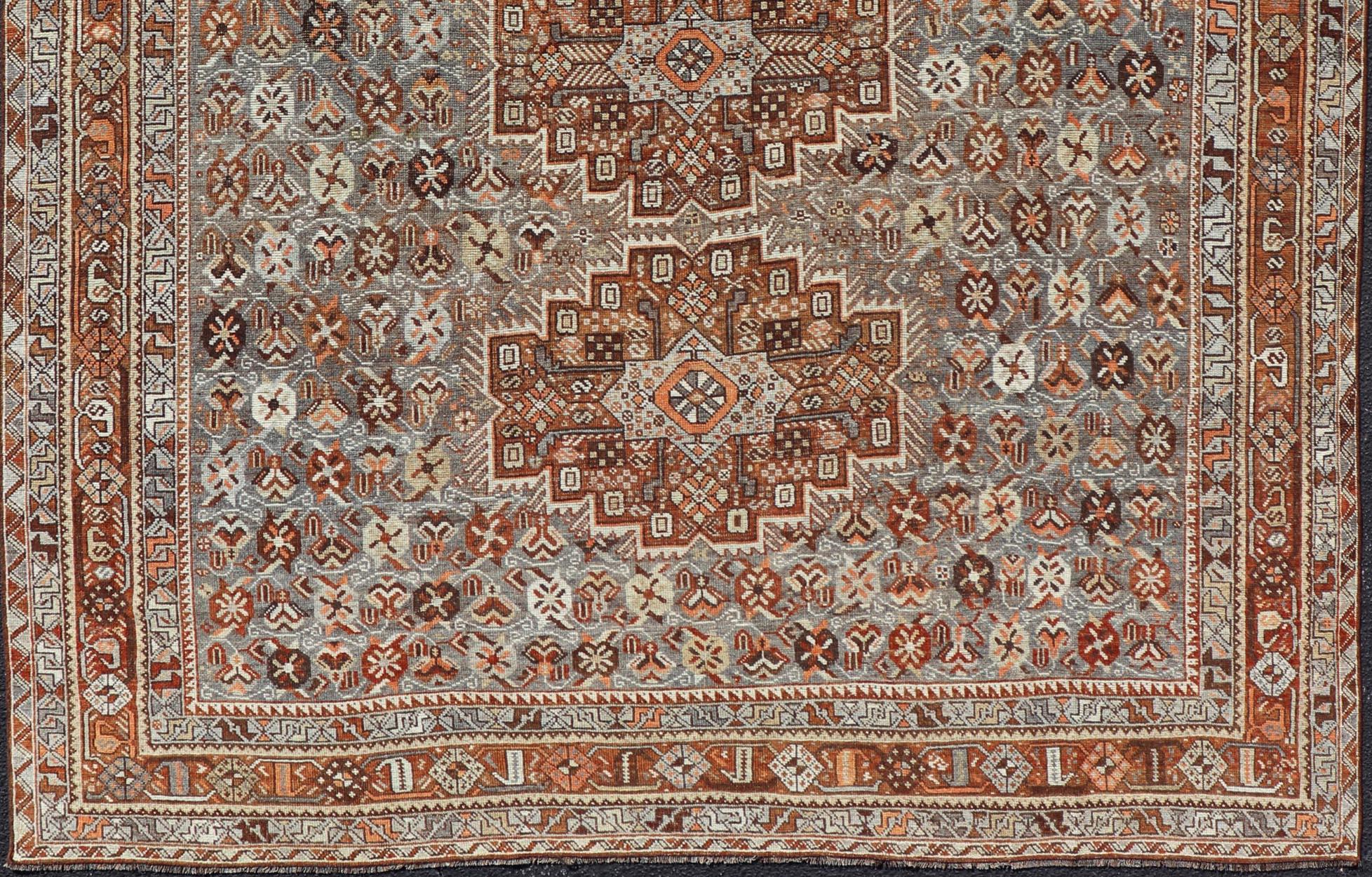 Geometric Persian Shiraz Rug with Tri-Medallion Design in Shades Orange, Blue For Sale 1