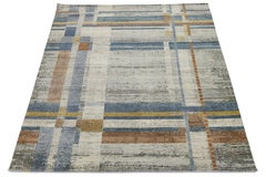 Alfombra de lana anudada a mano de cuadros geométricos modernos en azul y terracota 9x12