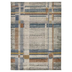 Alfombra de lana anudada a mano de cuadros geométricos modernos en azul y terracota 9x12