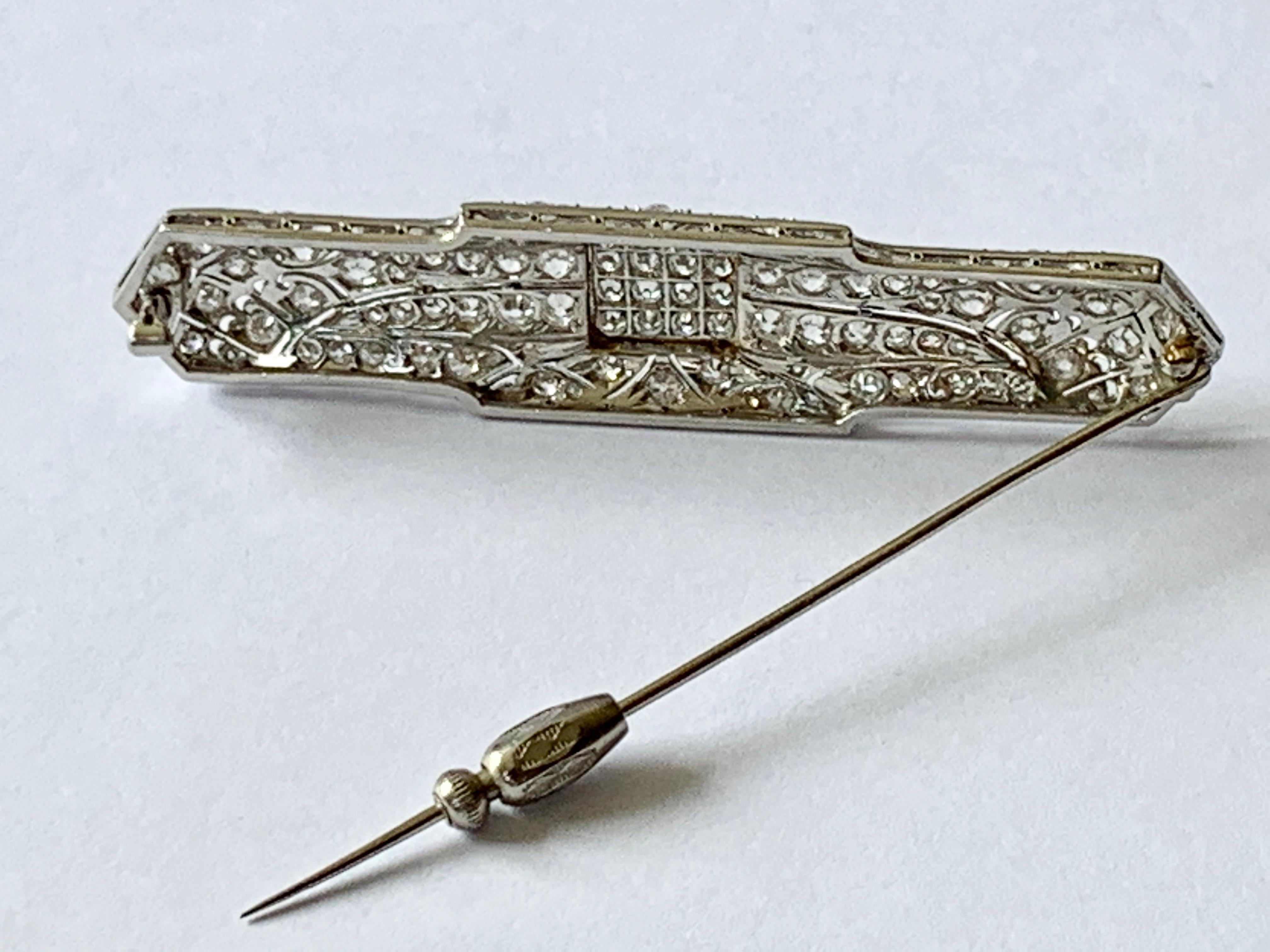Geometric Platinum Art Deco Diamond Bar Pin Brooch For Sale 5
