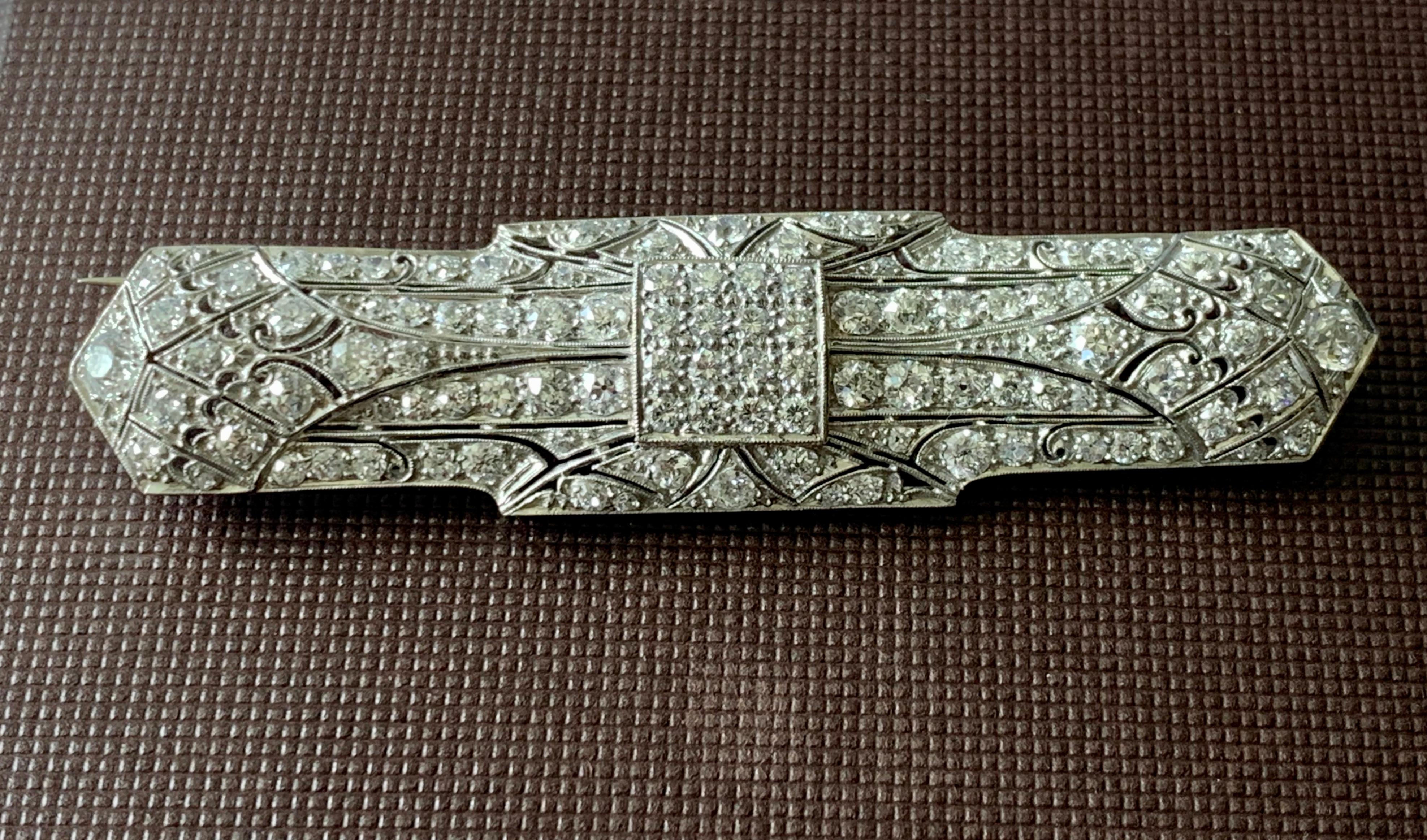 Women's or Men's Geometric Platinum Art Deco Diamond Bar Pin Brooch For Sale