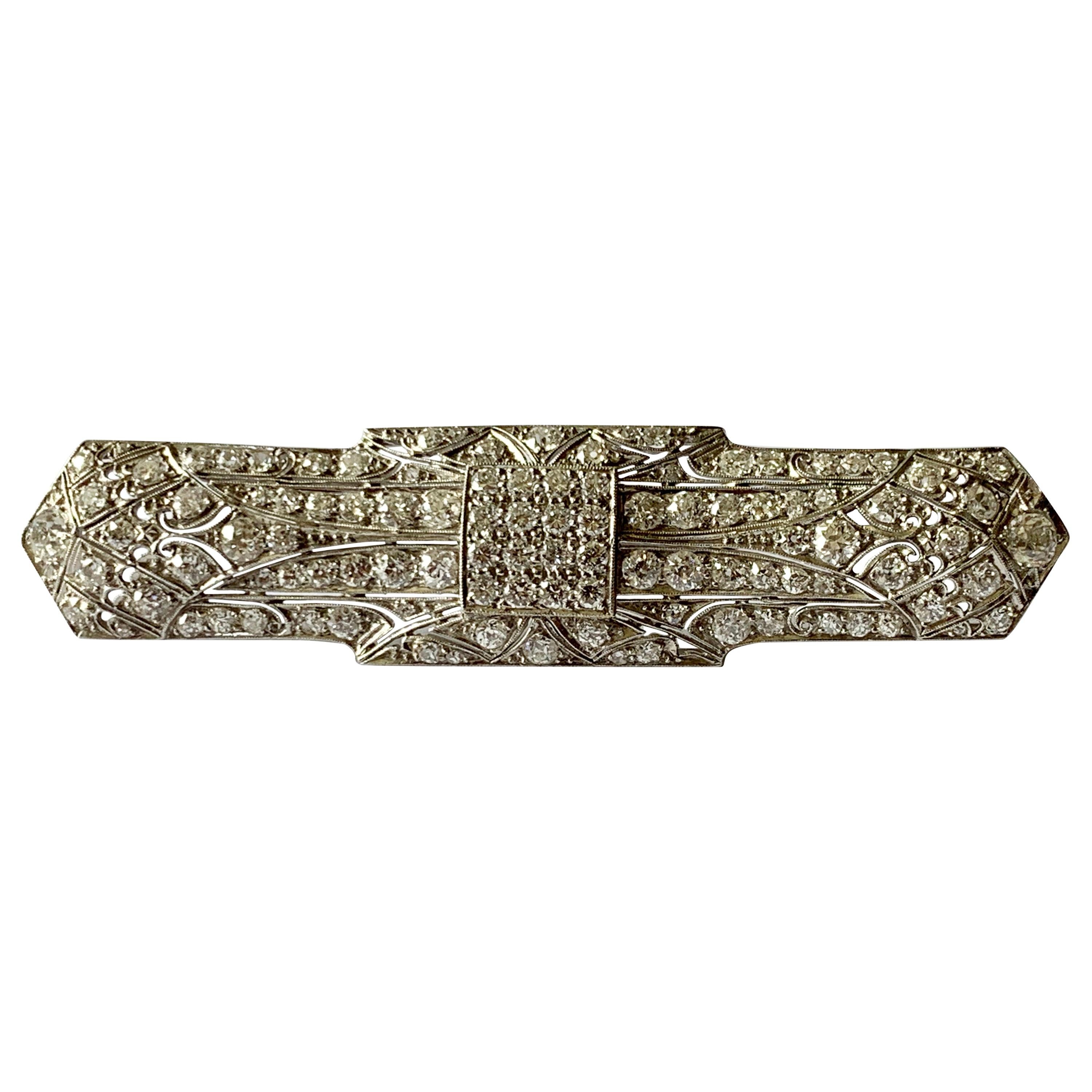 Geometric Platinum Art Deco Diamond Bar Pin Brooch For Sale