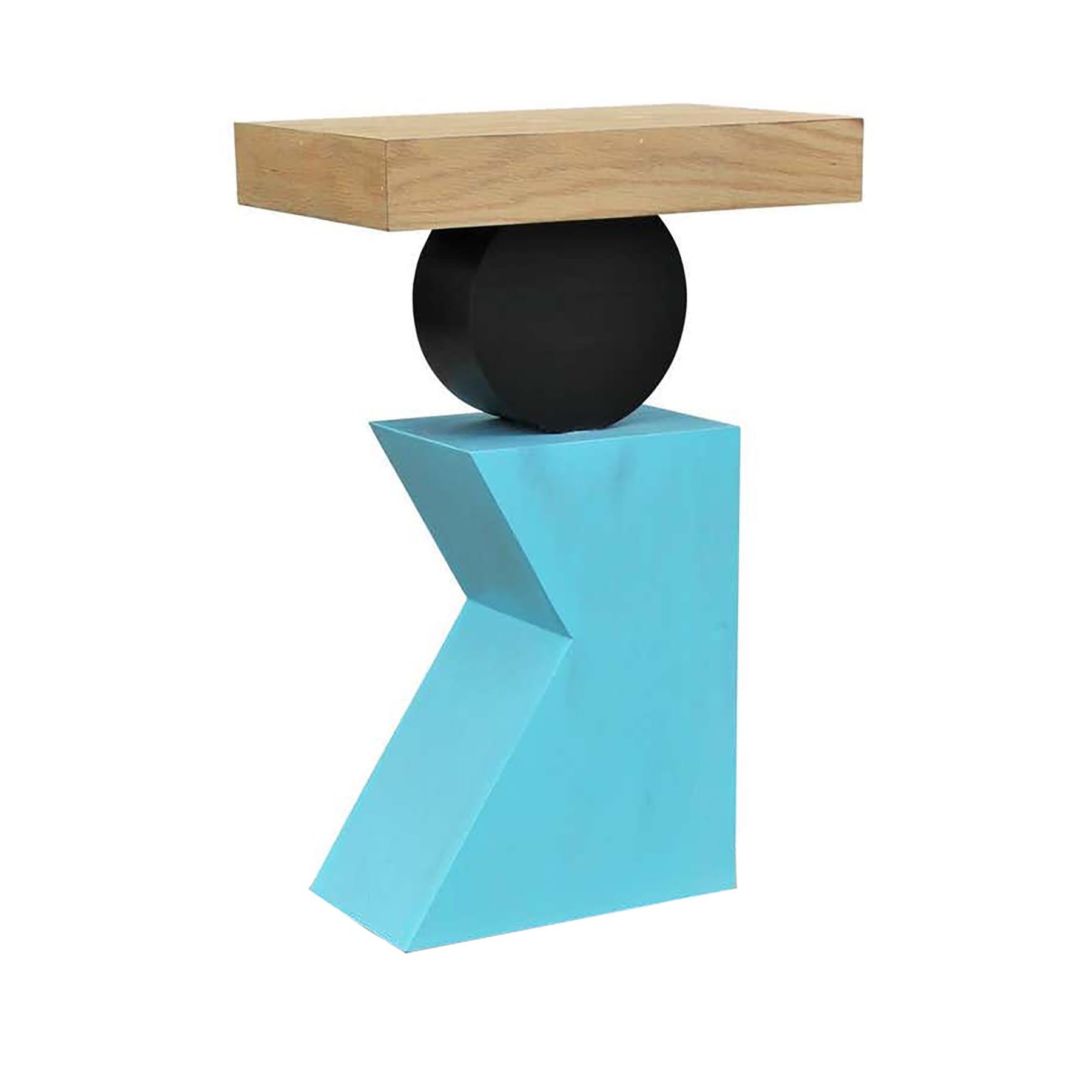 Custom post-modern geometric side table in blue, black, and natural. The one pictured are available for immediate sale, but custom made to order options are available.