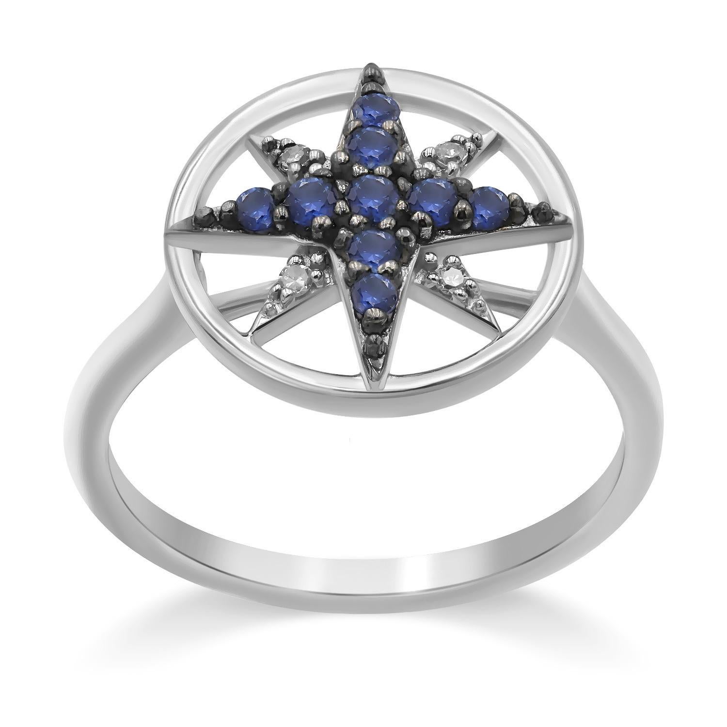 Modern Geometric Precious Star Blue Sapphire Diamond White Gold Ring For Sale