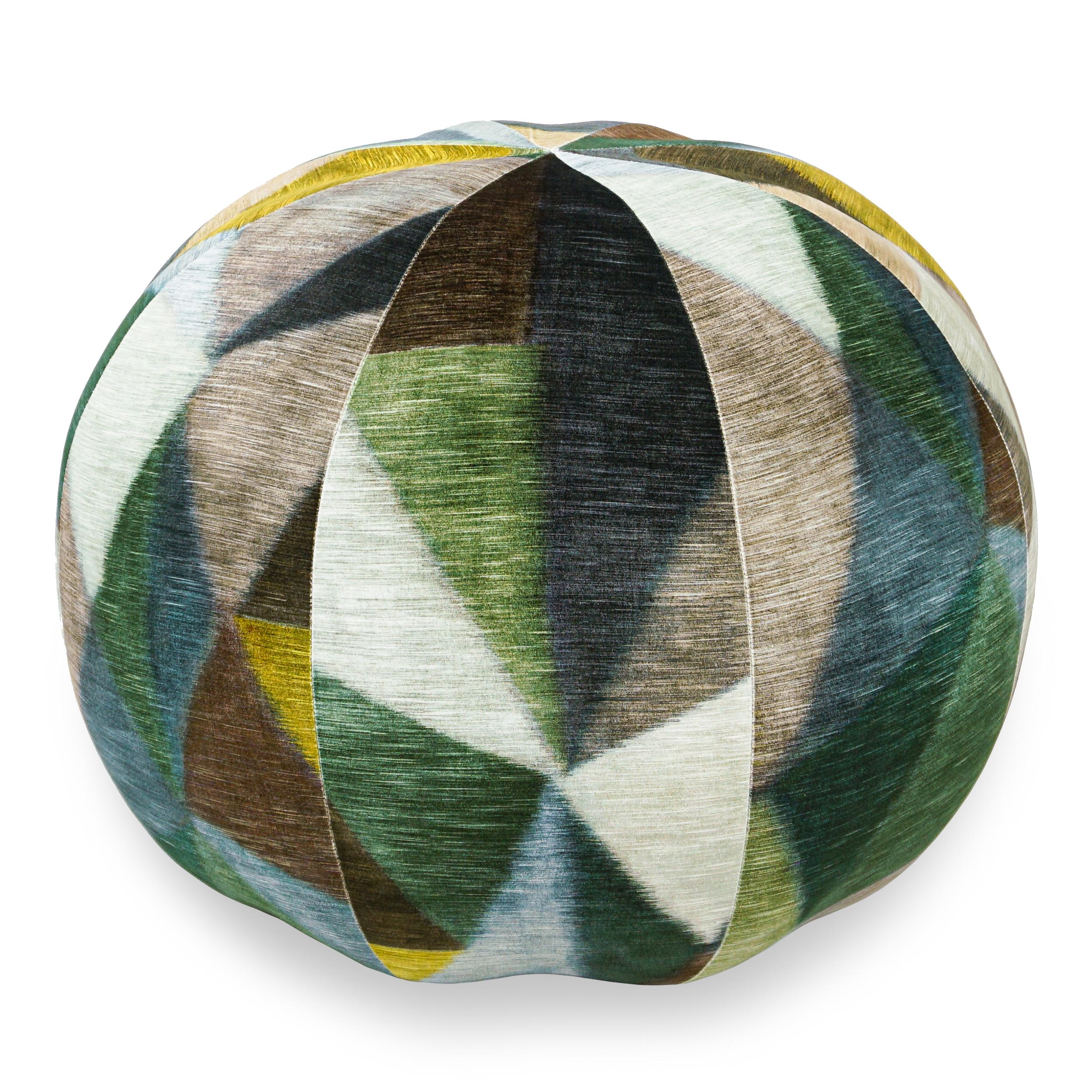 Geometric printed velvet pout. Firm for seating or use as ottoman. Great as a pull-up chair.

Measurements:
Overall: 26”W x 26”D x 21”H

Price As Shown: $1,260 each
COM Price: $700 each
Customization may change price.

How We Work:
Made to order by