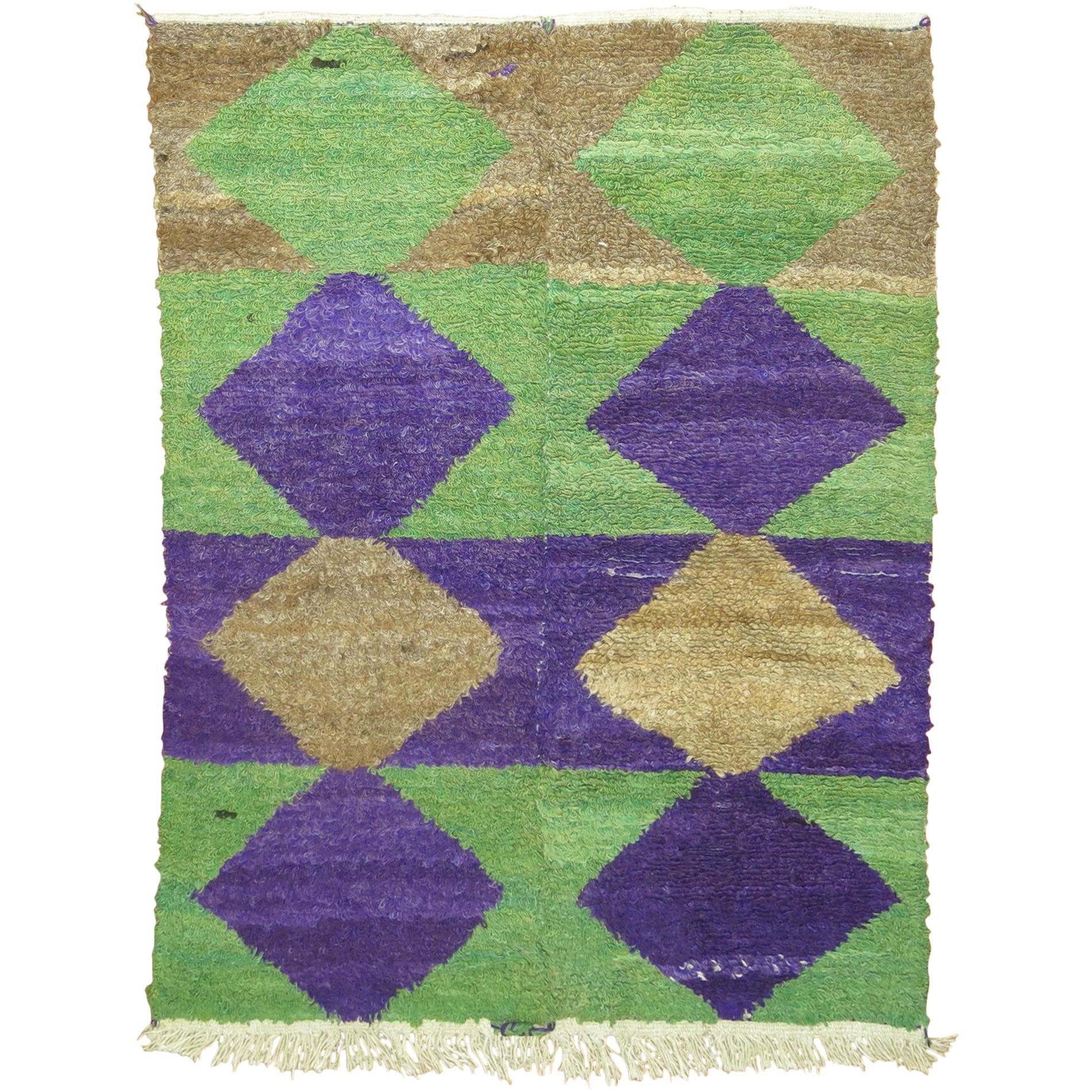 Geometric Purple Green Vintage Turkish Shag Rug For Sale