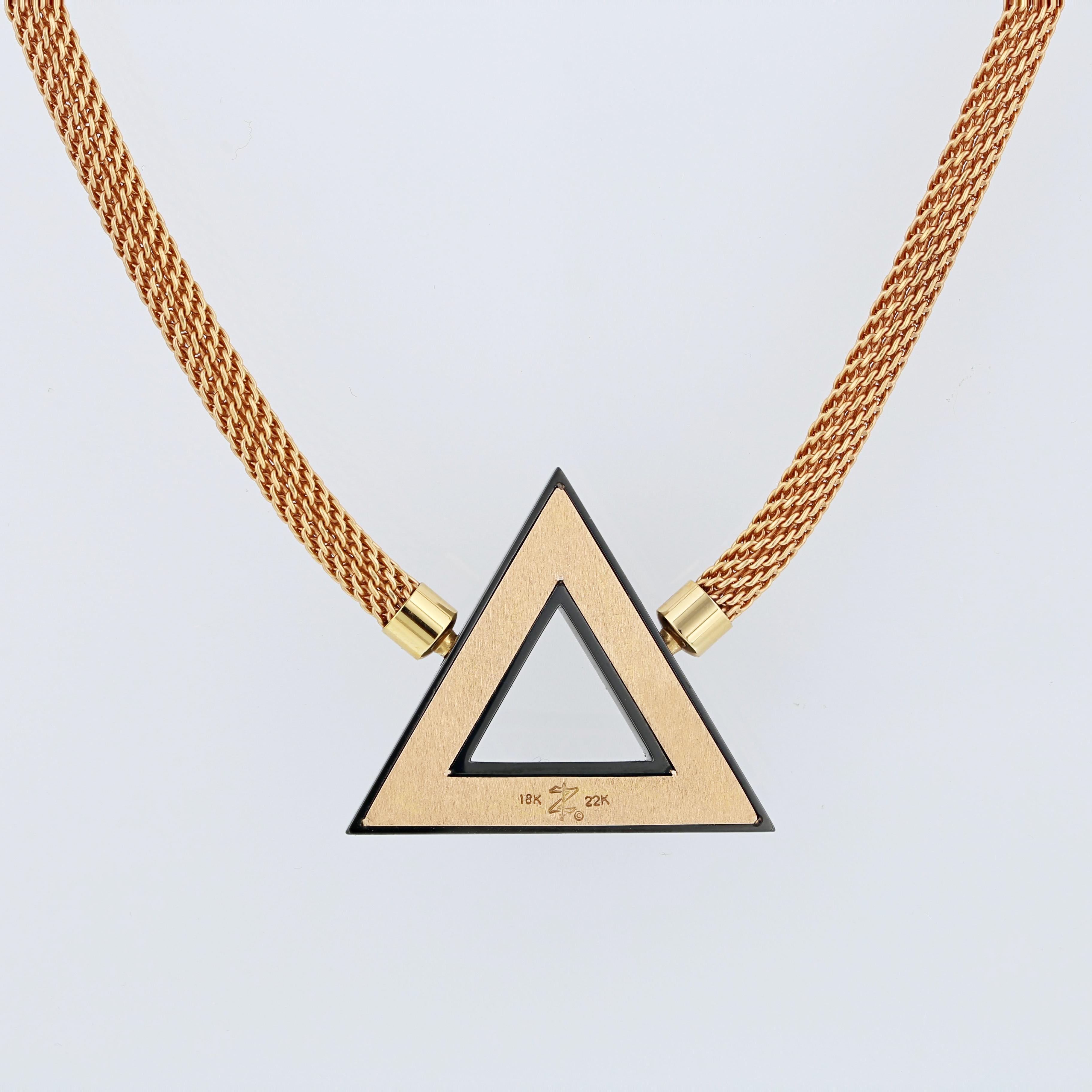 Art Deco Geometric Pyramid Shaped Rose Gold Inlaid Pendant by Zoltan David For Sale