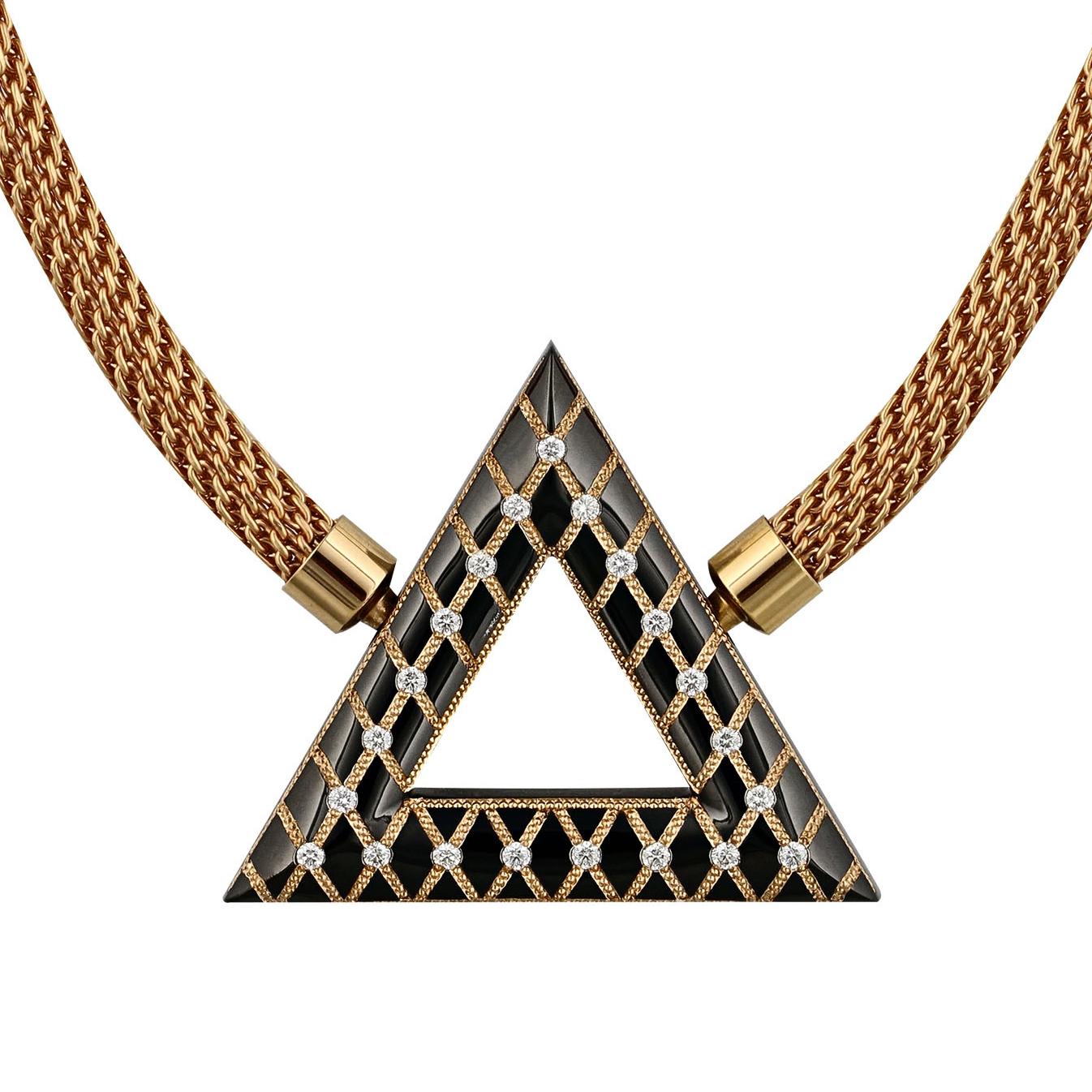 Women's or Men's Geometric Pyramid Shaped Rose Gold Inlaid Pendant by Zoltan David For Sale