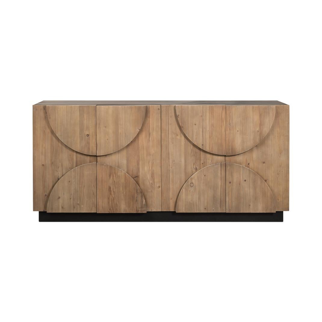 Crafted from reclaimed pine, its natural waxed doors showcase the wood's rich texture, while brushed black accents create a striking two-tone geometric design.

This sideboard offers ample storage space, perfect for organizing dining essentials,