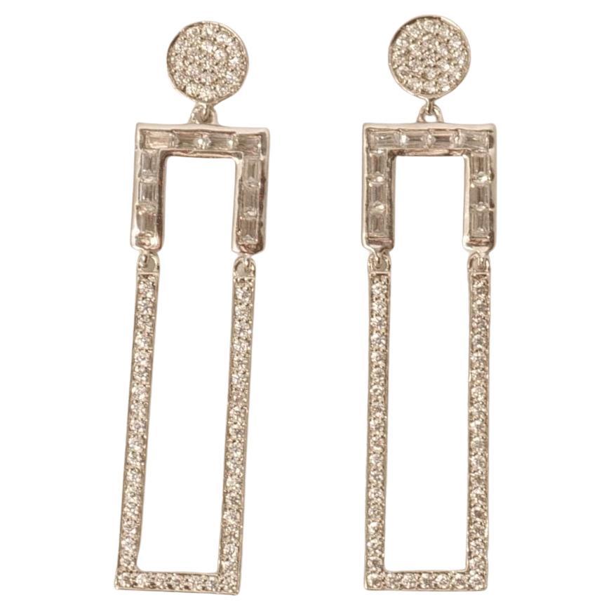 Geometric Rectangle Long Dangle Earrings in 14K Solid Gold (Certified) For Sale