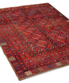 Geometric Red Turkmen Rug Handmade Carpet Antique Living Room Rug