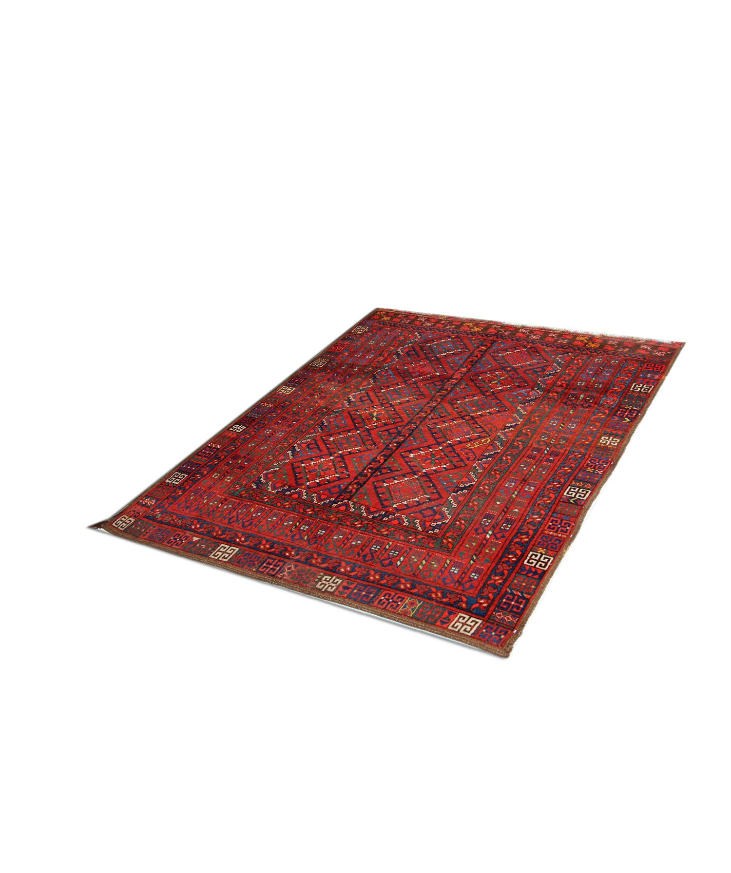 Country Geometric Red Turkmen Rug Handmade Carpet Antique Living Room Rug For Sale