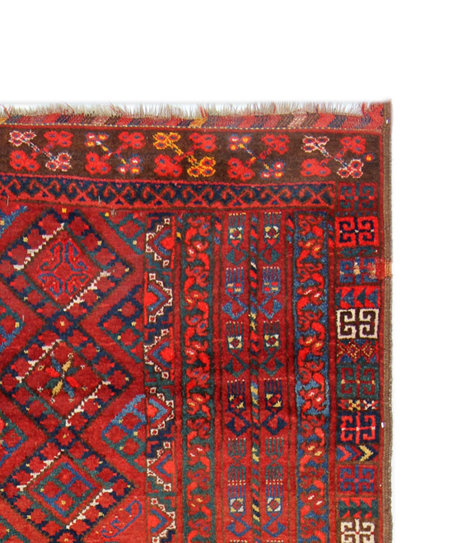 Needlepoint Geometric Red Turkmen Rug Handmade Carpet Antique Living Room Rug For Sale