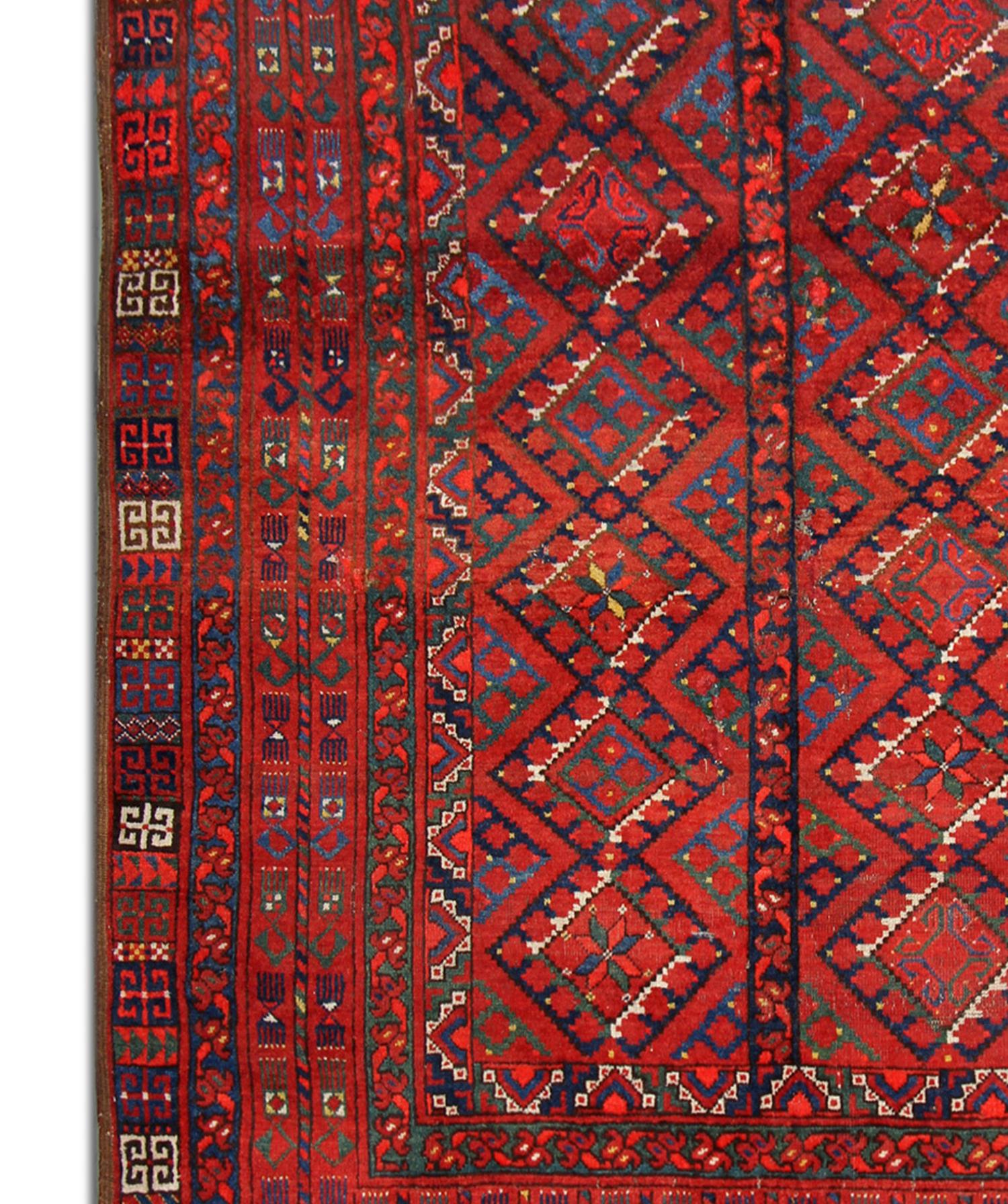 Geometric Red Turkmen Rug Handmade Carpet Antique Living Room Rug In Excellent Condition For Sale In Hampshire, GB