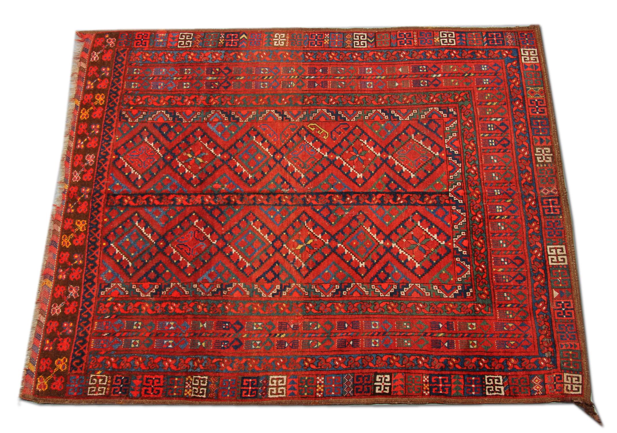 Early 20th Century Geometric Red Turkmen Rug Handmade Carpet Antique Living Room Rug For Sale