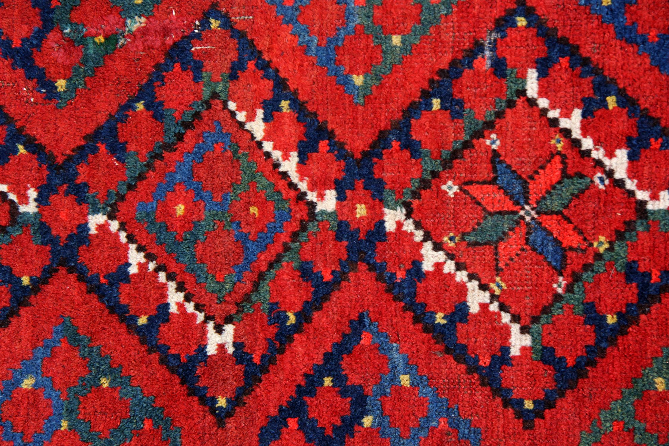 Wool Geometric Red Turkmen Rug Handmade Carpet Antique Living Room Rug For Sale