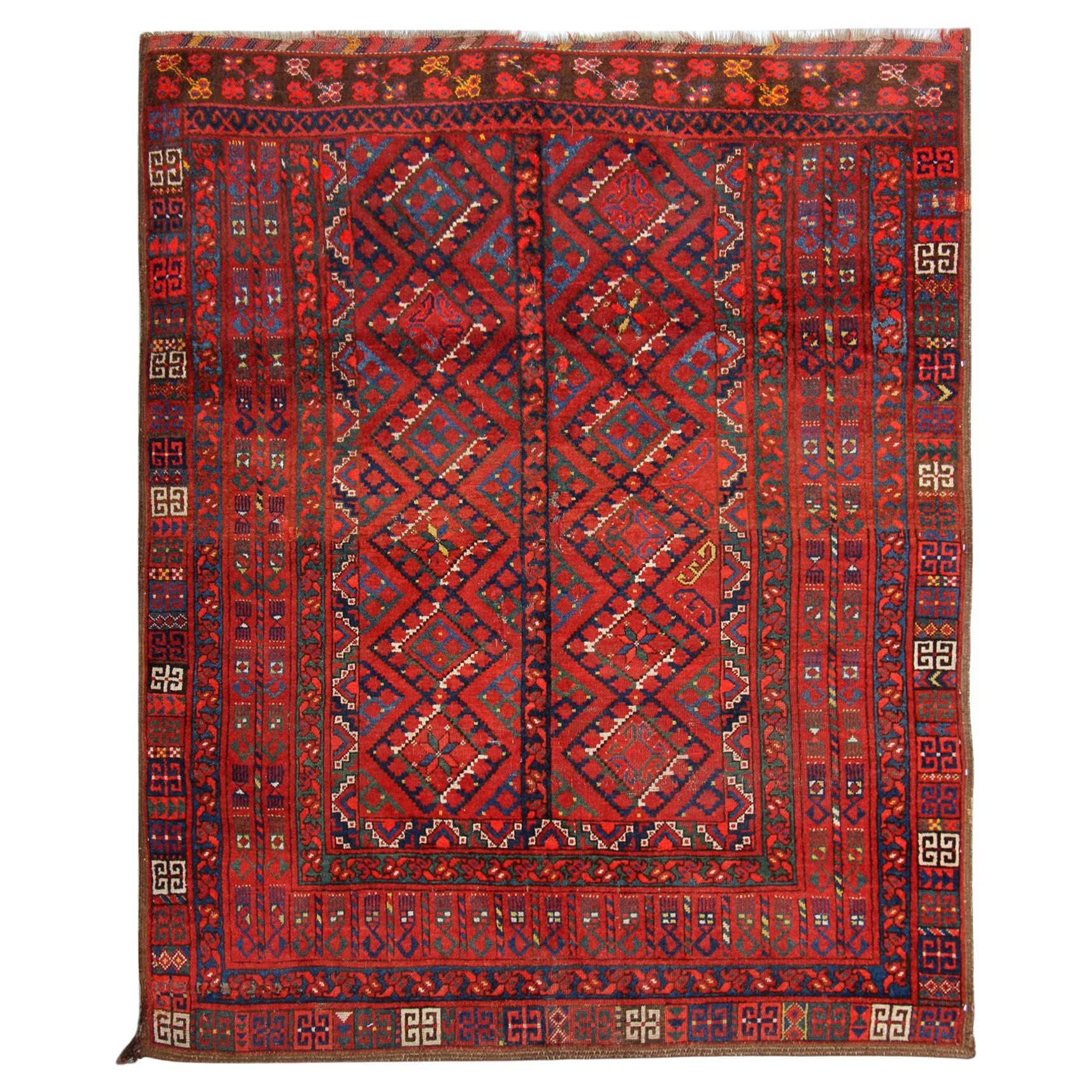Geometric Red Turkmen Rug Handmade Carpet Antique Living Room Rug