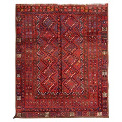 Geometrischer roter handgefertigter türkischer Teppich, antiker Wohnzimmerteppich