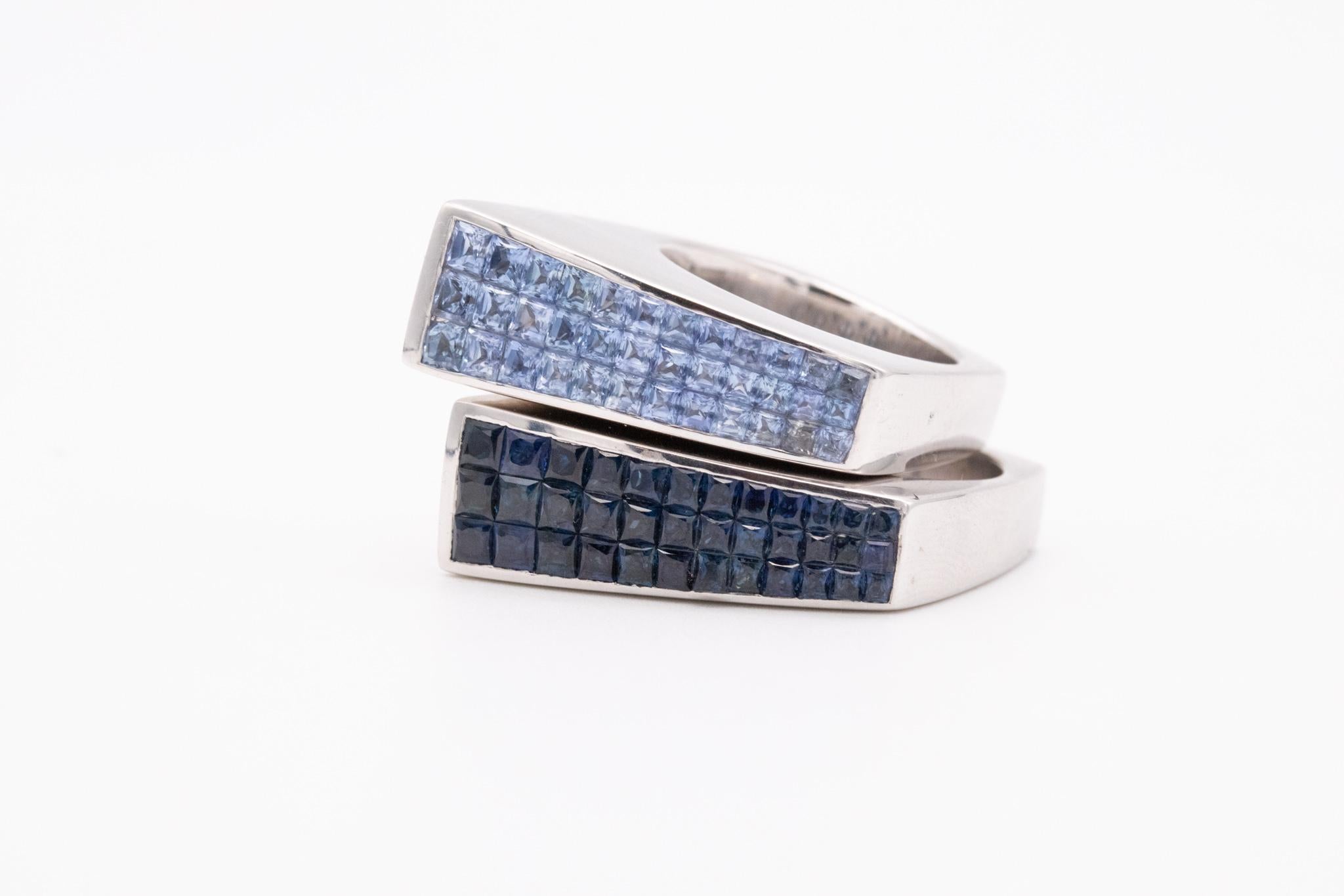 Contemporary Geometric Ring in 18kt Gold Invisible Setting of 2.52 Ctw Ceylon Blue Sapphires For Sale