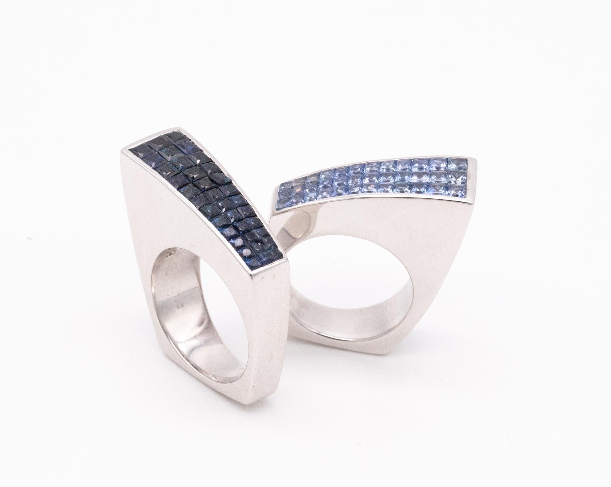 French Cut Geometric Ring in 18kt Gold Invisible Setting of 2.52 Ctw Ceylon Blue Sapphires For Sale