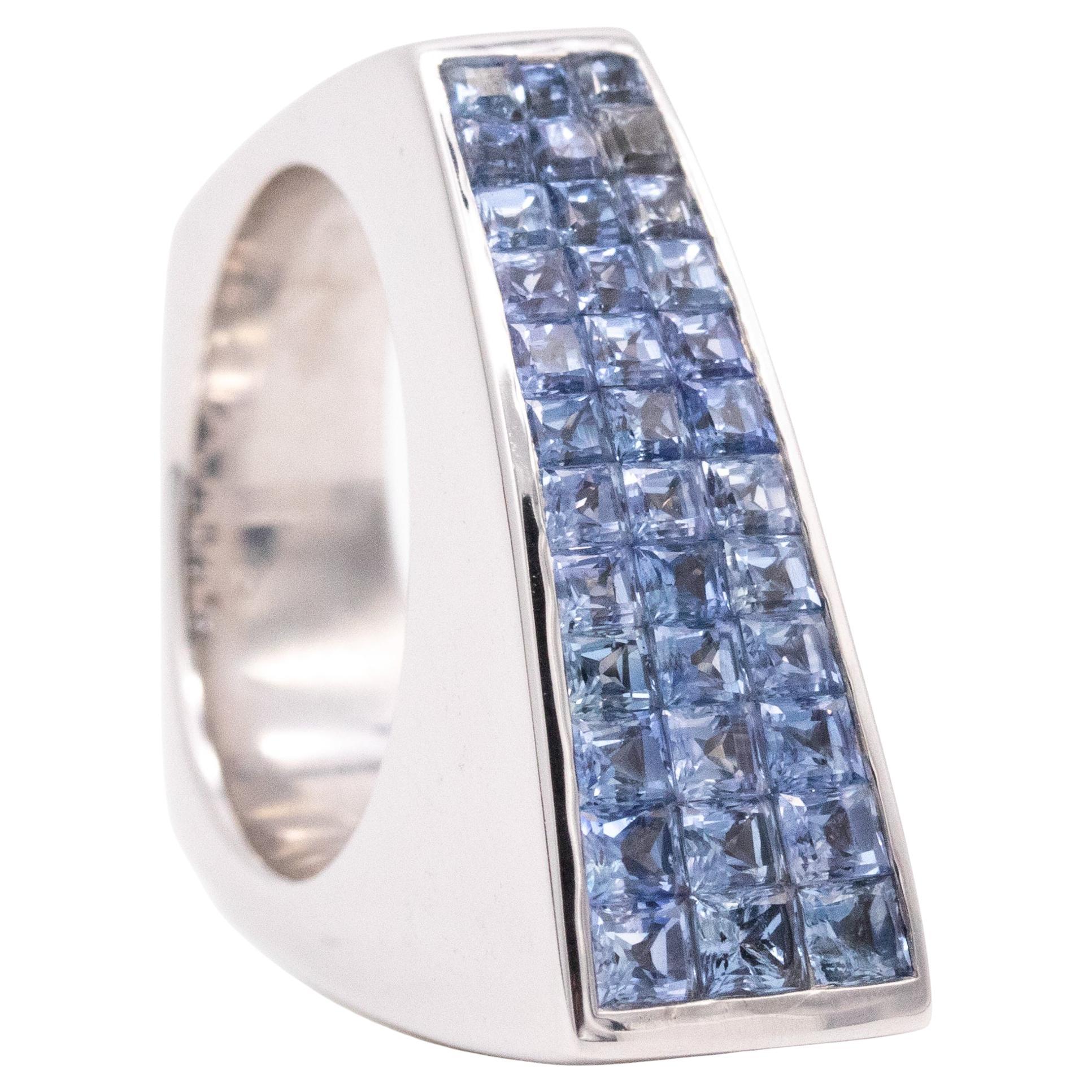 Geometric Ring in 18kt Gold Invisible Setting of 2.52 Ctw Ceylon Blue Sapphires For Sale
