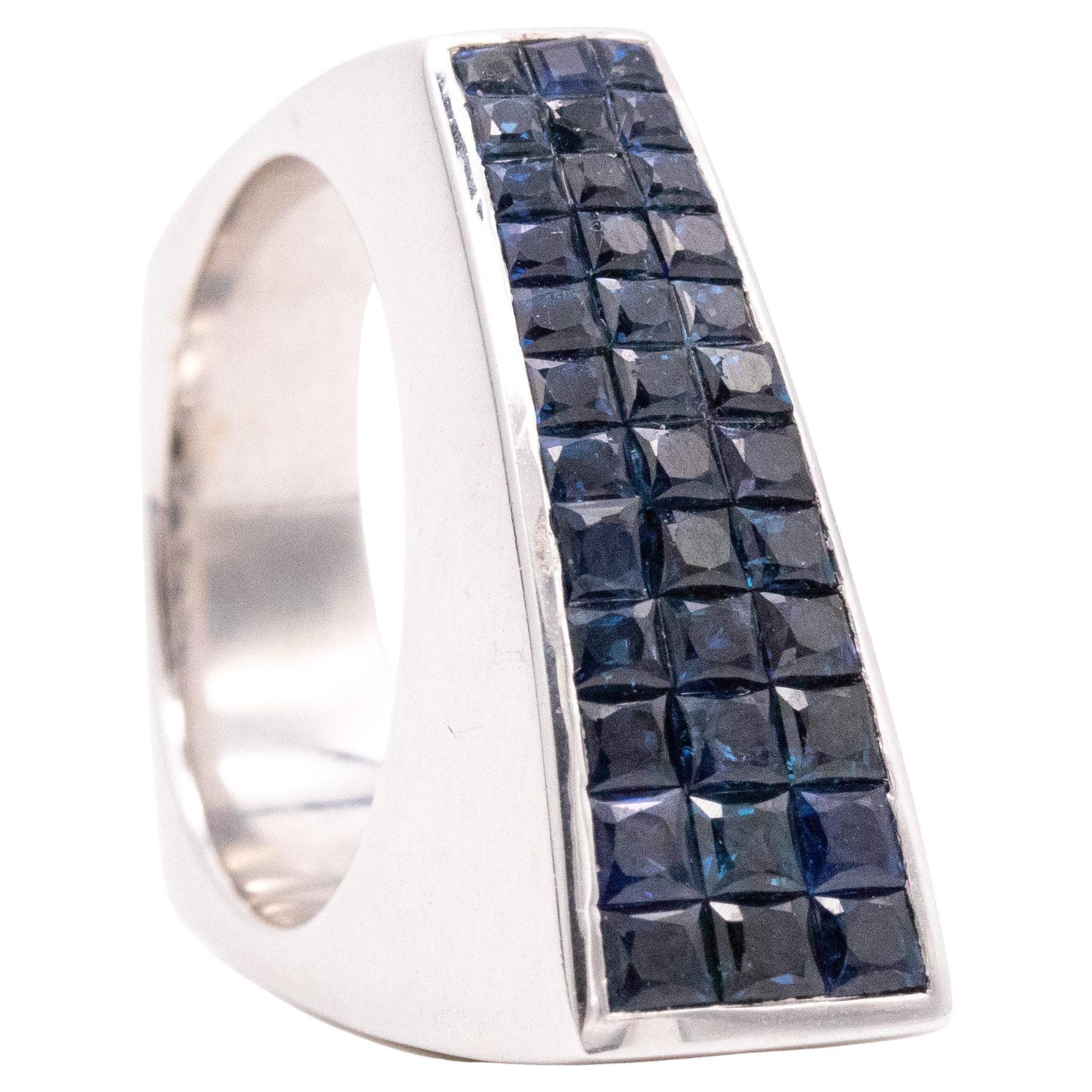 Geometric Ring in 18kt Gold Invisible Setting of 2.52 Ctw in Navy Blue Sapphires
