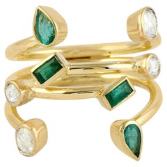 Geometric Ring With Emerald & Diamonds In 18k Yellow Gold