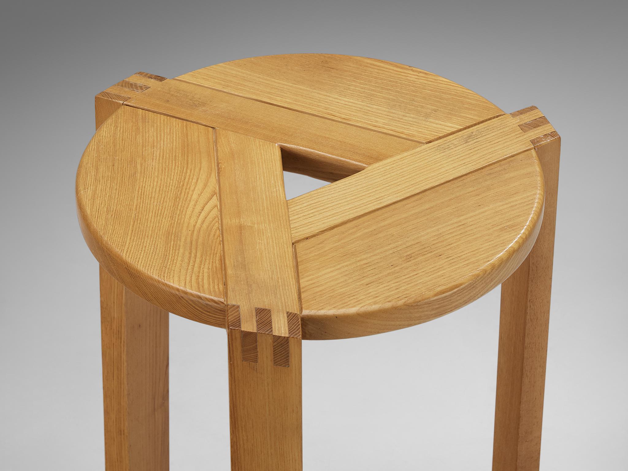 Late 20th Century Geometric Round Stool in Solid Oak For Sale