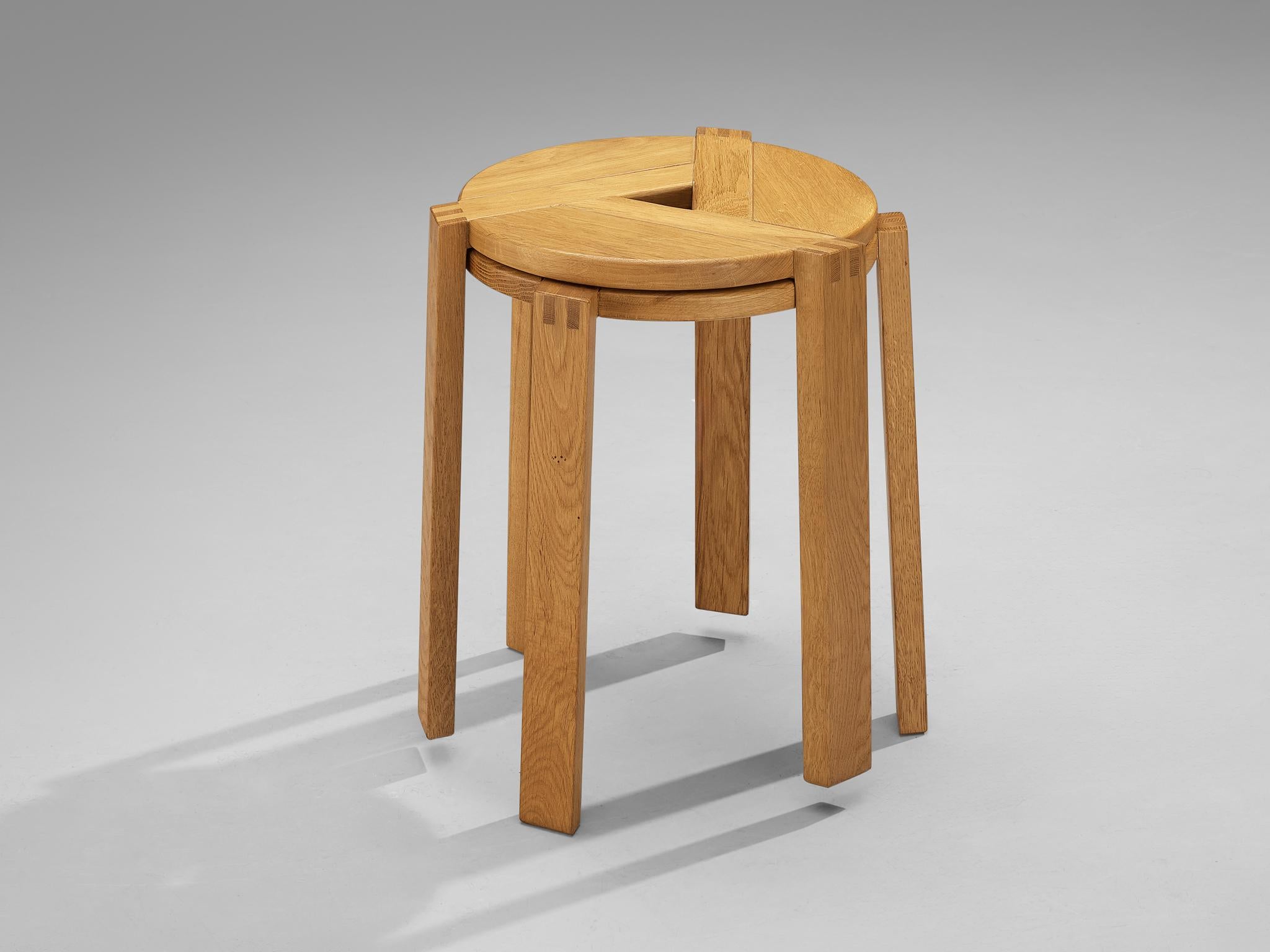 Geometric Round Stools in Solid Oak For Sale 5