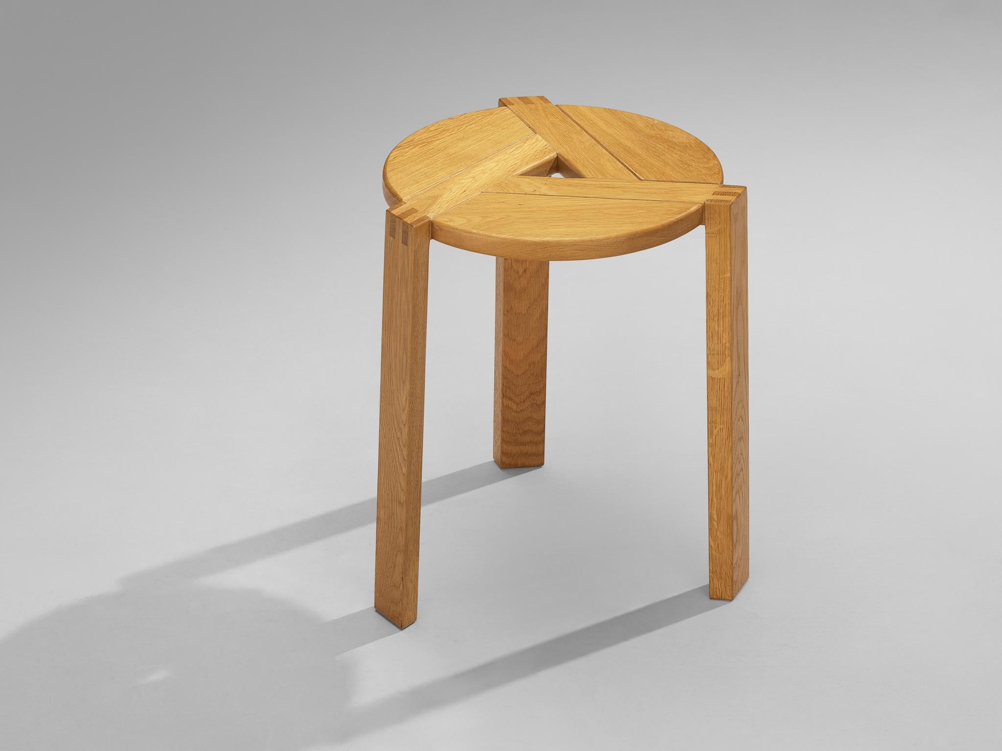 German Geometric Round Stools in Solid Oak For Sale