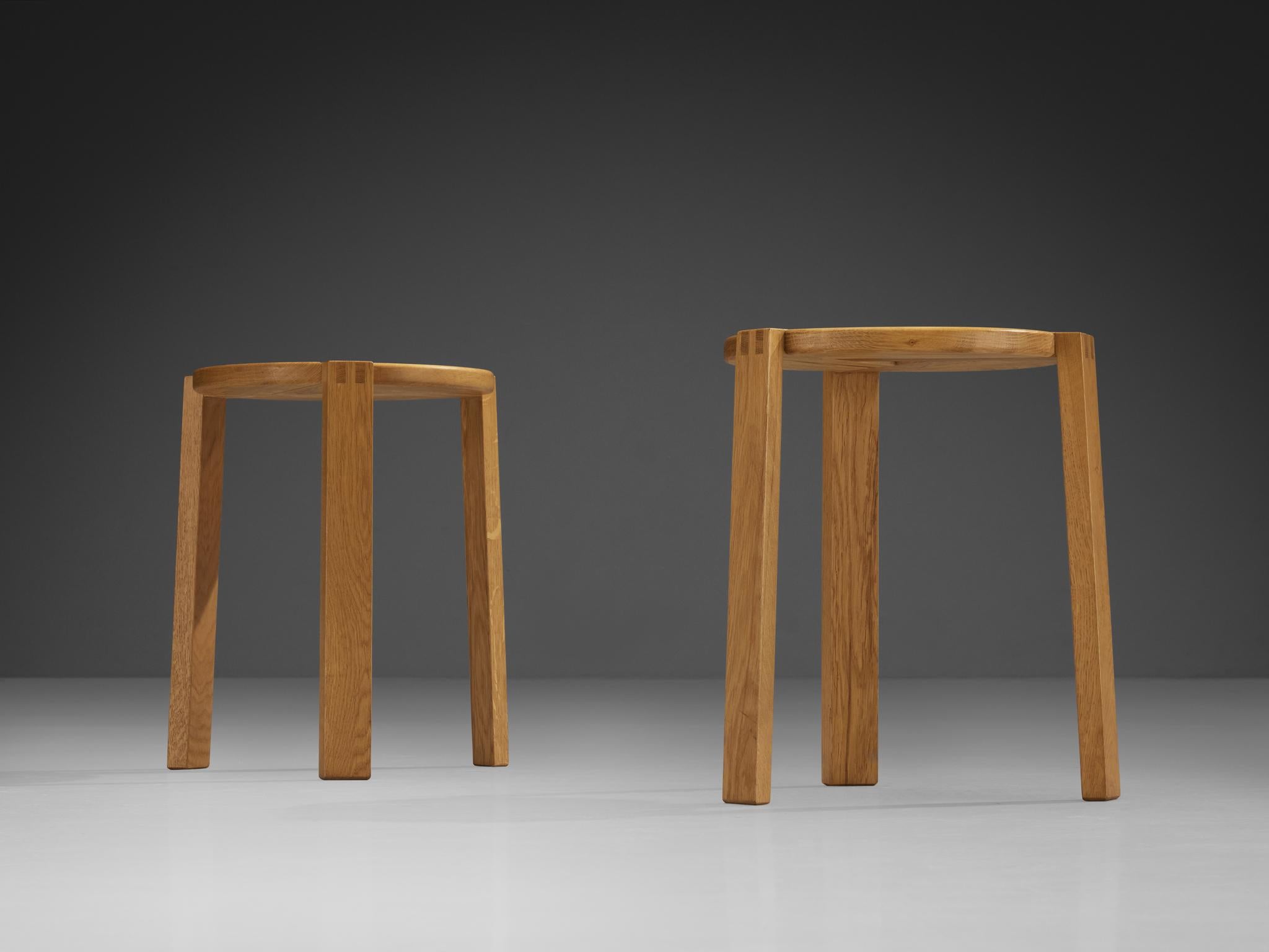 Late 20th Century Geometric Round Stools in Solid Oak For Sale
