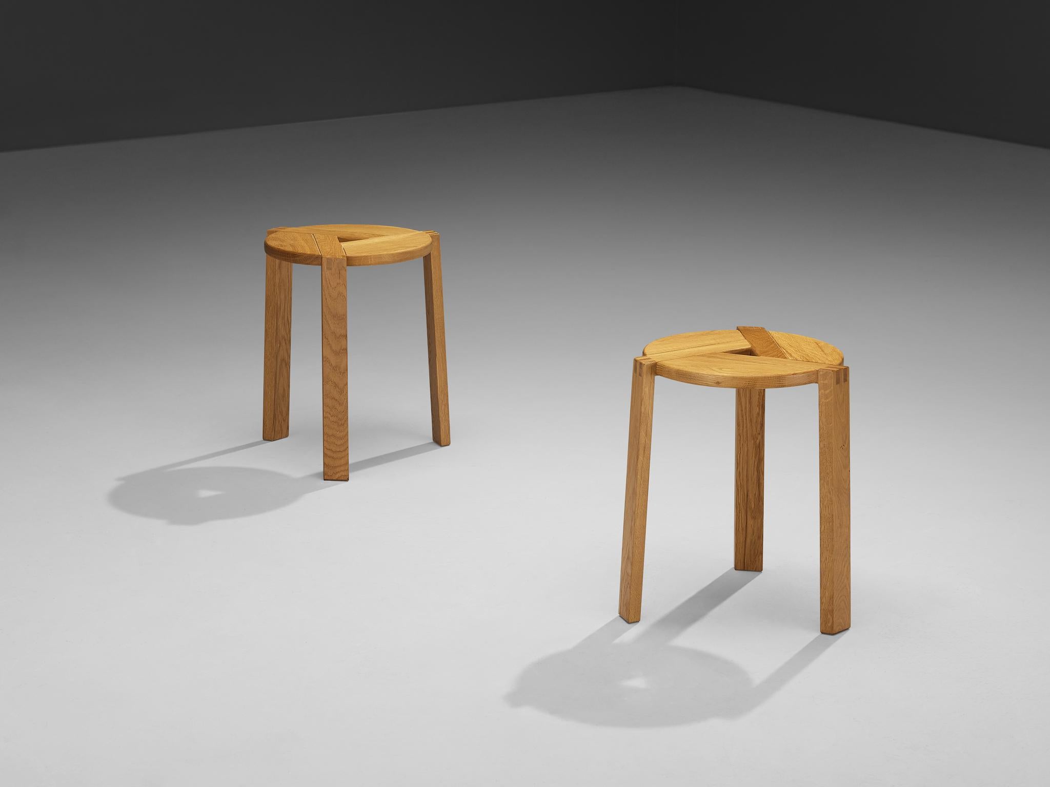 Geometric Round Stools in Solid Oak For Sale 1