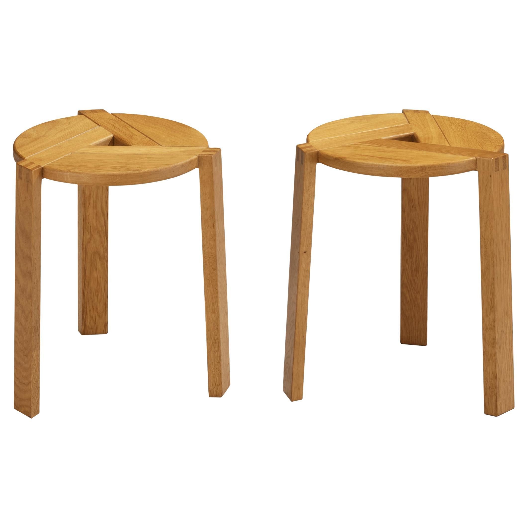 Geometric Round Stools in Solid Oak For Sale