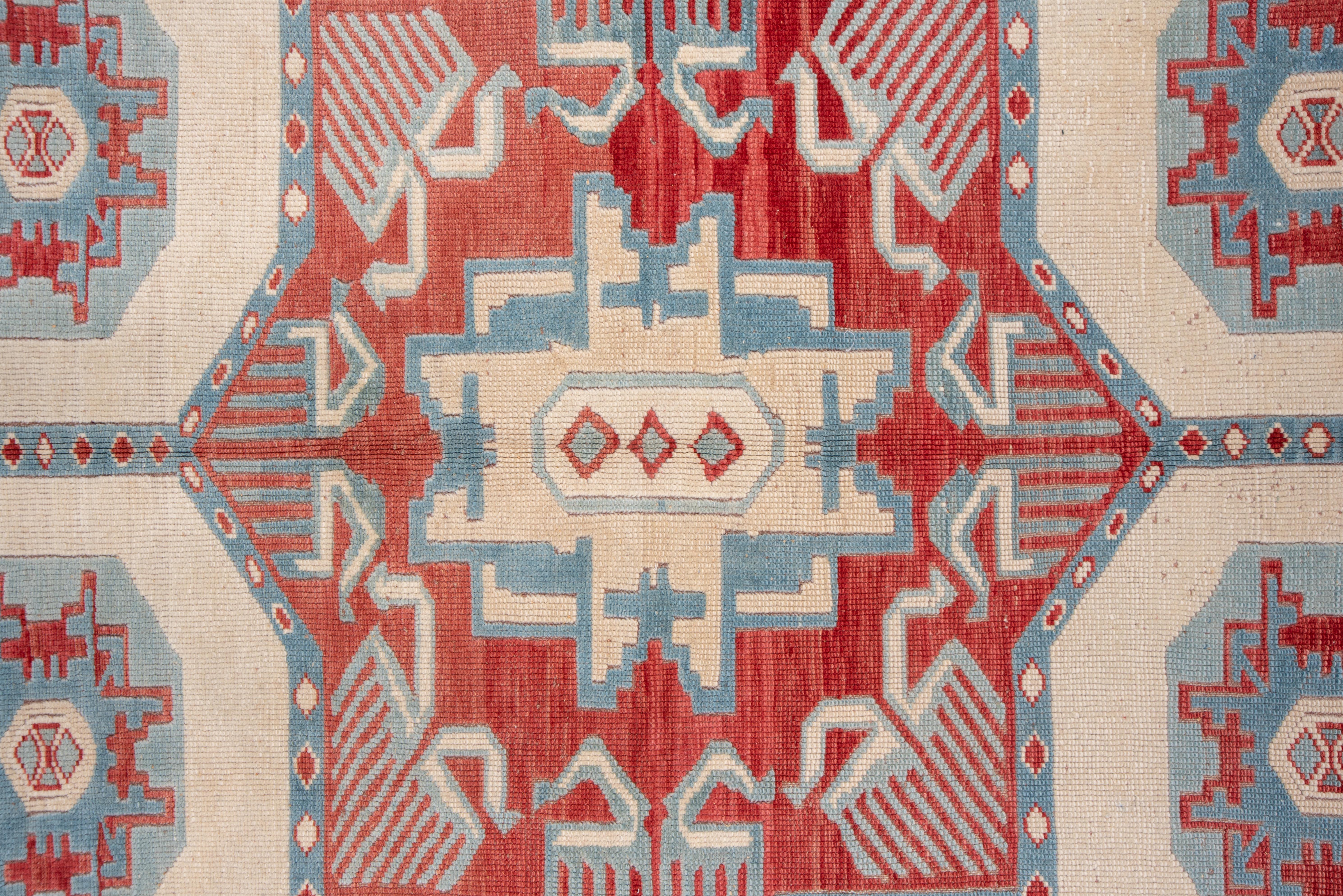 Geometric Royal Red and Azure Blues Turkish Rug In Good Condition For Sale In New York, NY