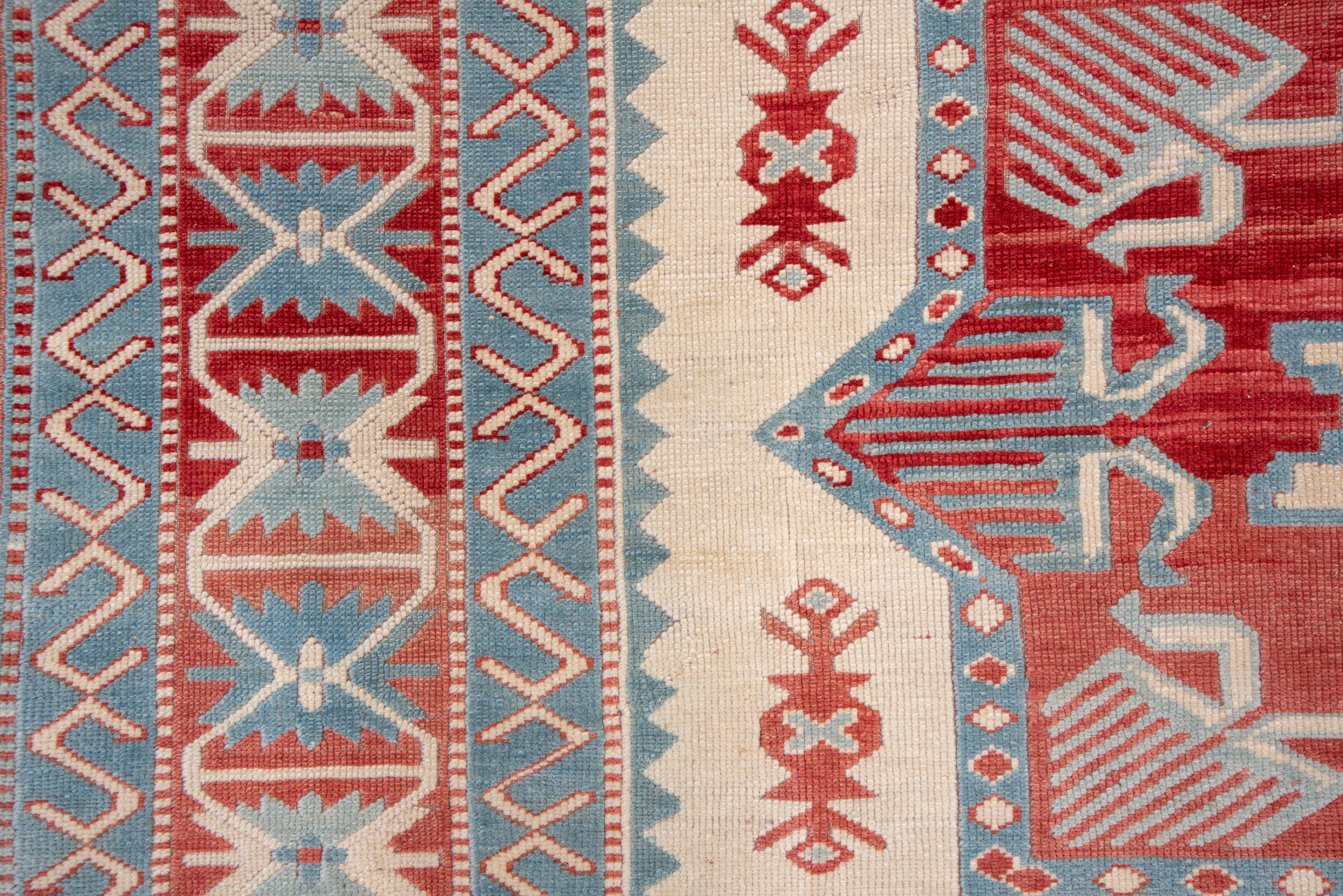Wool Geometric Royal Red and Azure Blues Turkish Rug For Sale