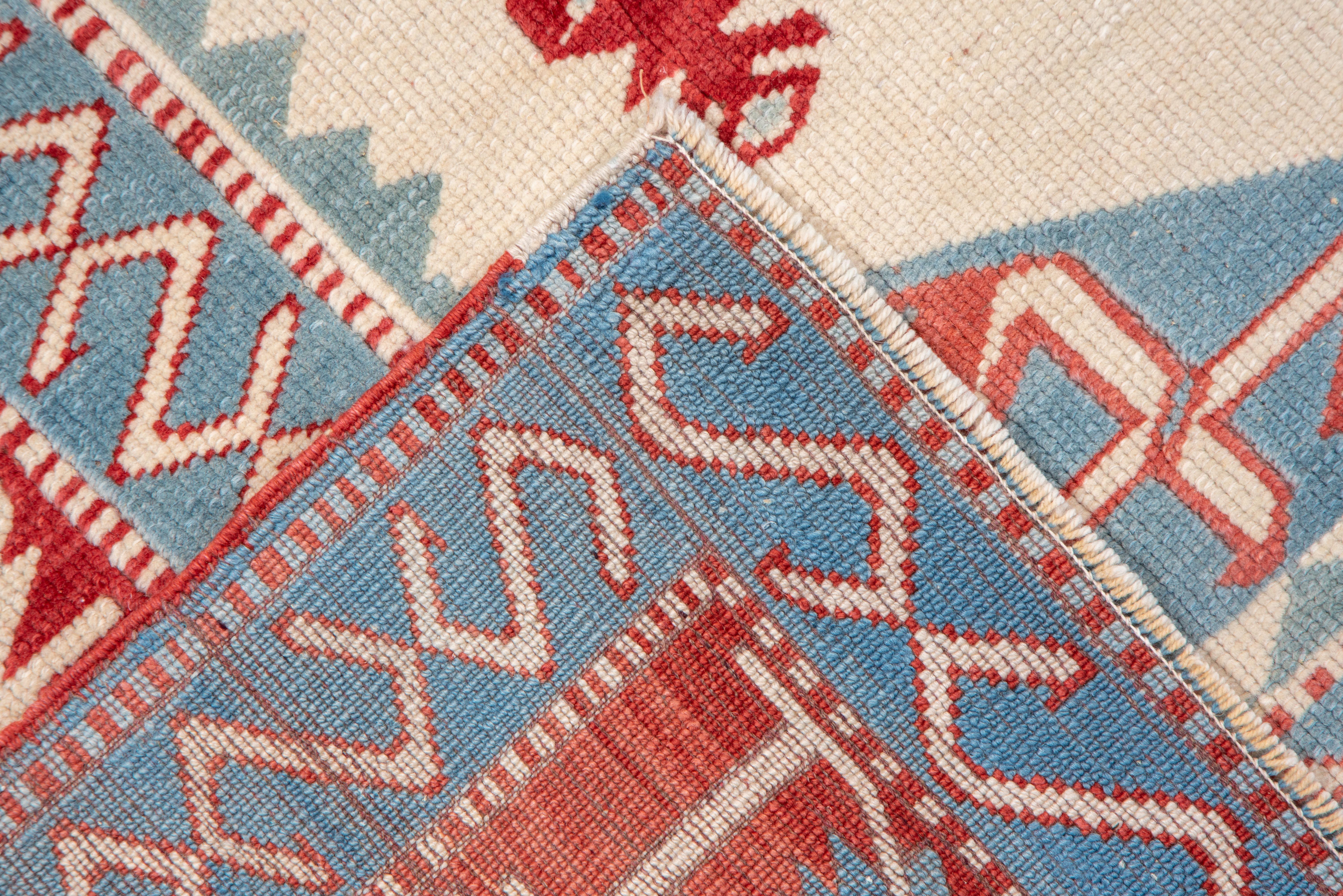 Geometric Royal Red and Azure Blues Turkish Rug For Sale 1