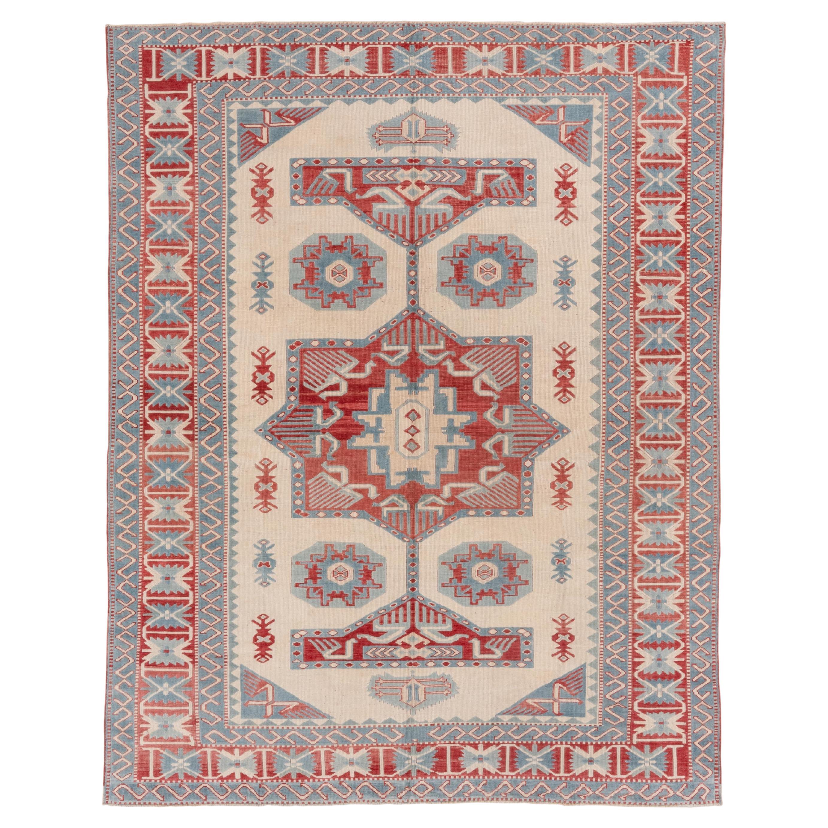 Geometric Royal Red and Azure Blues Turkish Rug For Sale