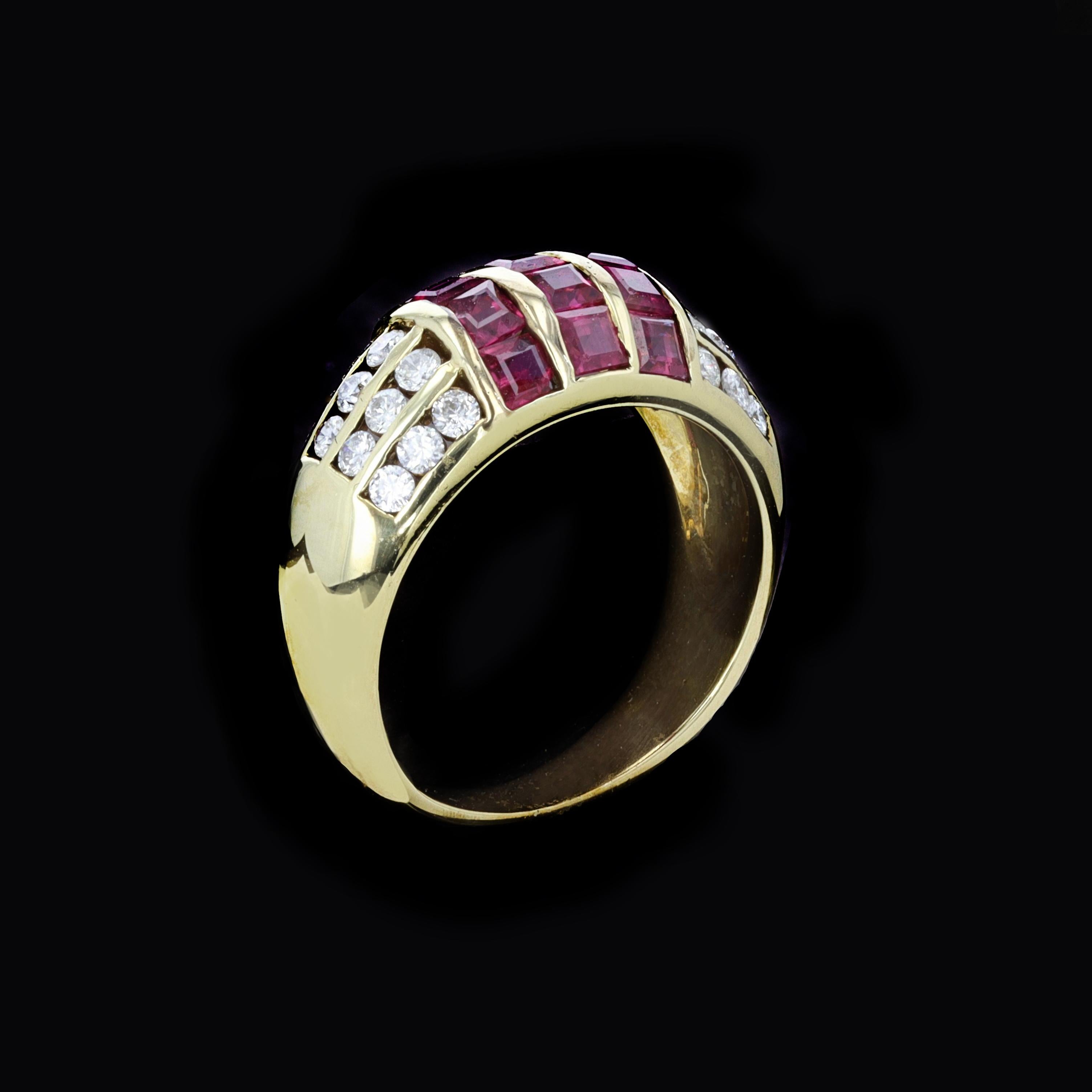 Square Cut Geometric Ruby and Diamond Ring For Sale