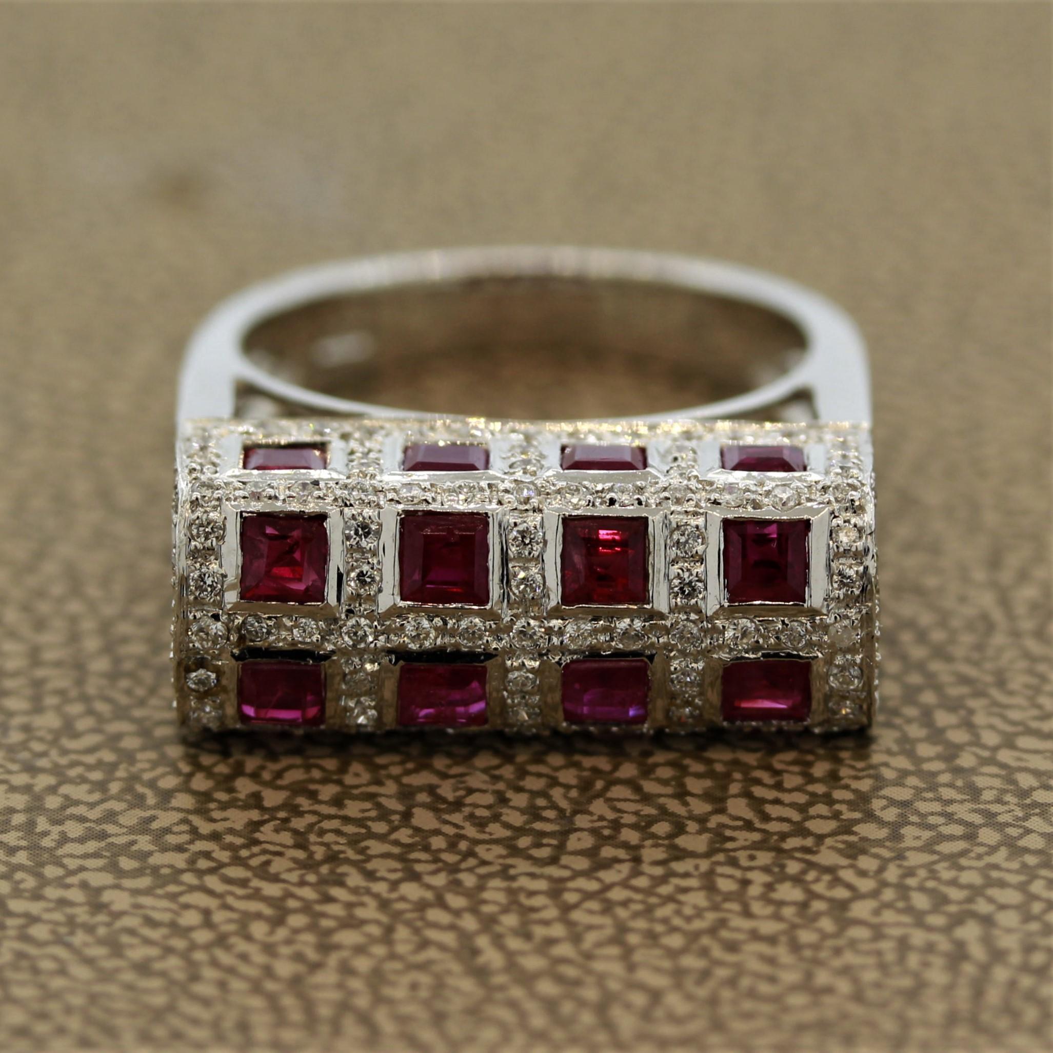 A unique ruby ring featuring 14 square cut vivid red rubies weighing a total of 2.70 carats. They are accented by 0.47 carats of round brilliant cut diamonds set in 14k white gold. A fun and stylish ring that can be worn casually or dressed