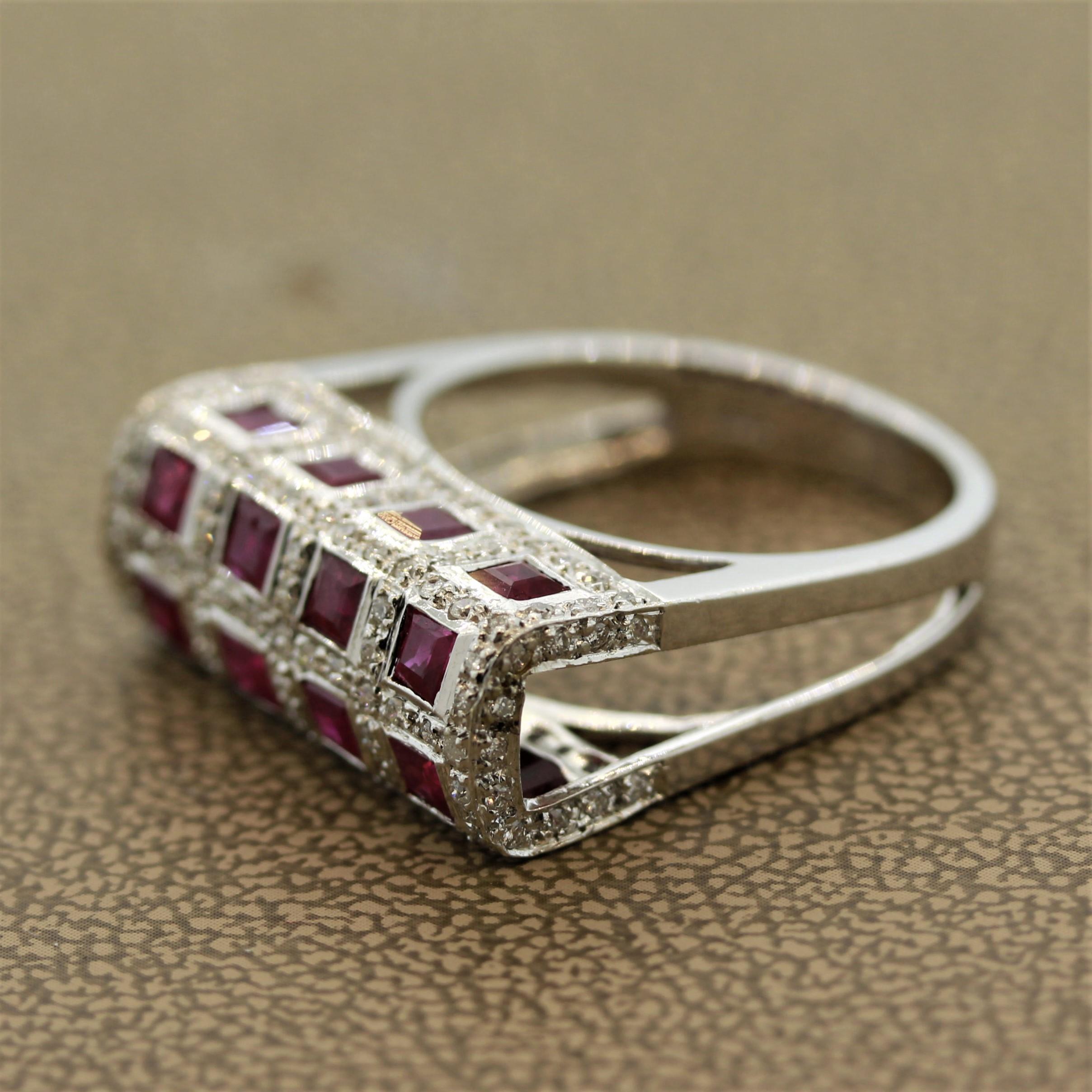 Square Cut Geometric Ruby Diamond Gold Ring