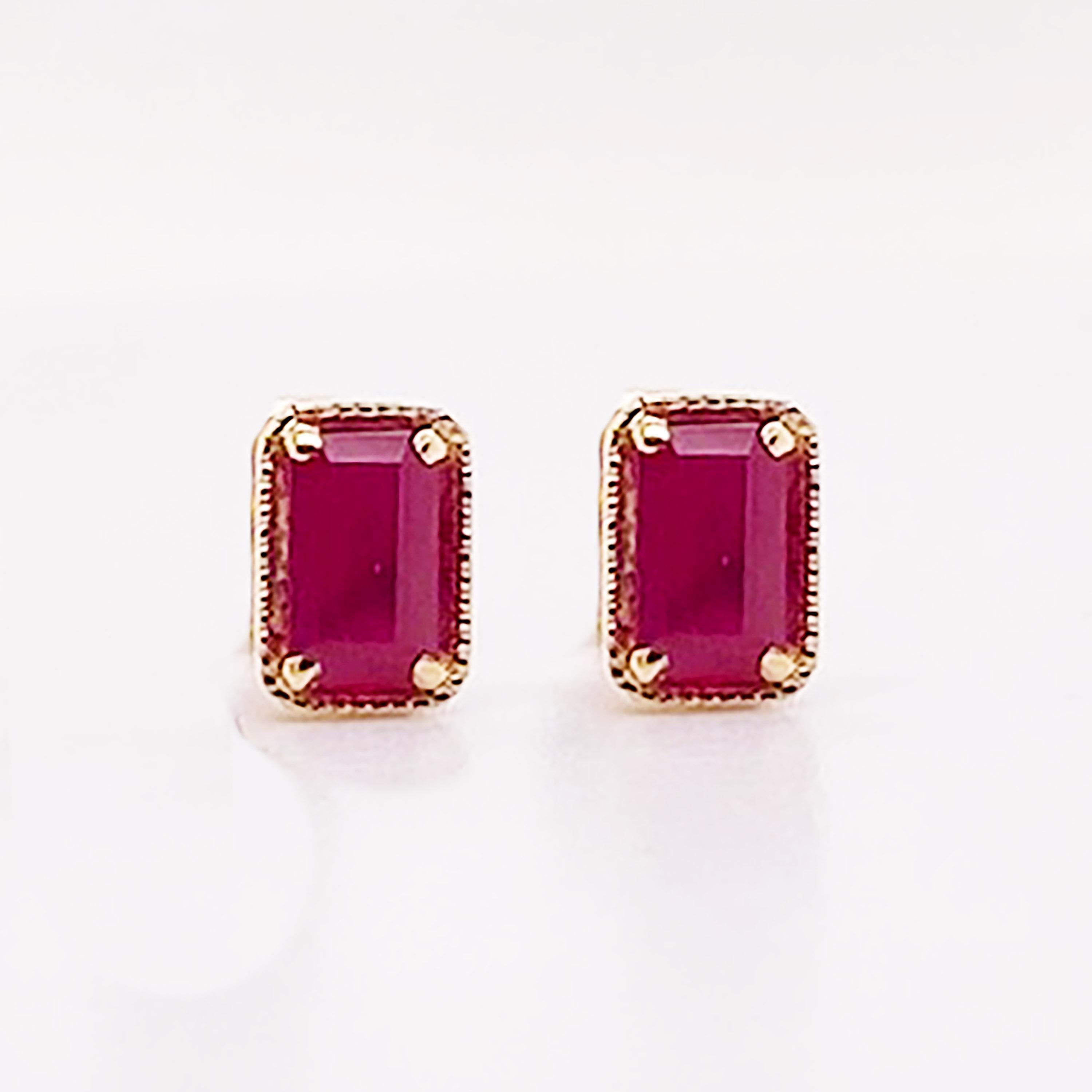 Modern Geometric Ruby Earrings 14K Gold .55 Carat Emerald Cut Ruby in Stud Style, July For Sale